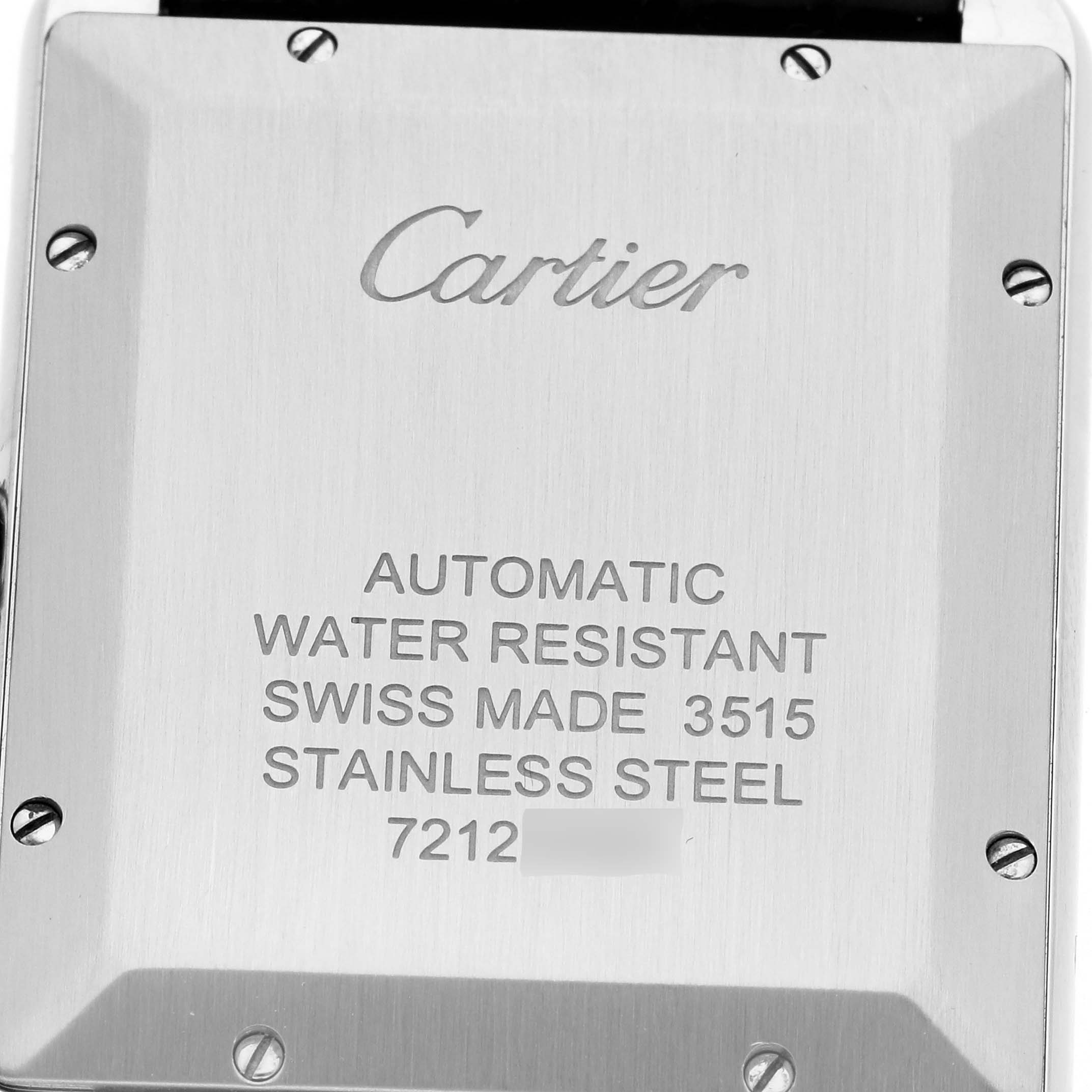 The image shows the back case of a Cartier Tank Solo W5200027 Men's Stainless Steel Silver Dial W5200027 Men's Stainless Steel Silver Dial watch, displaying engravings and screws.