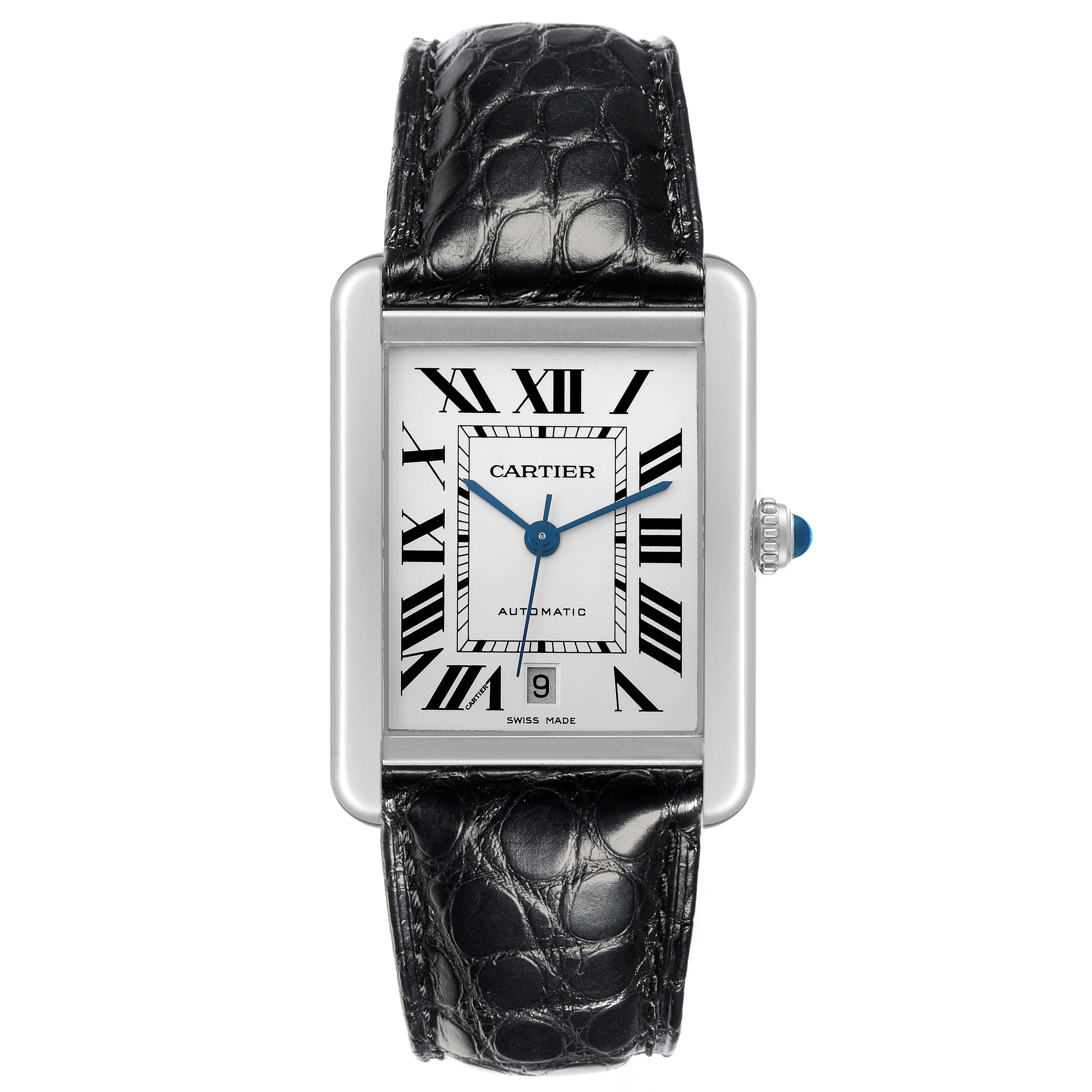 The Cartier Tank Solo W5200027 Men's Stainless Steel Silver Dial W5200027 Men's Stainless Steel Silver Dial watch is shown from the front, displaying its face, strap, and side crown.