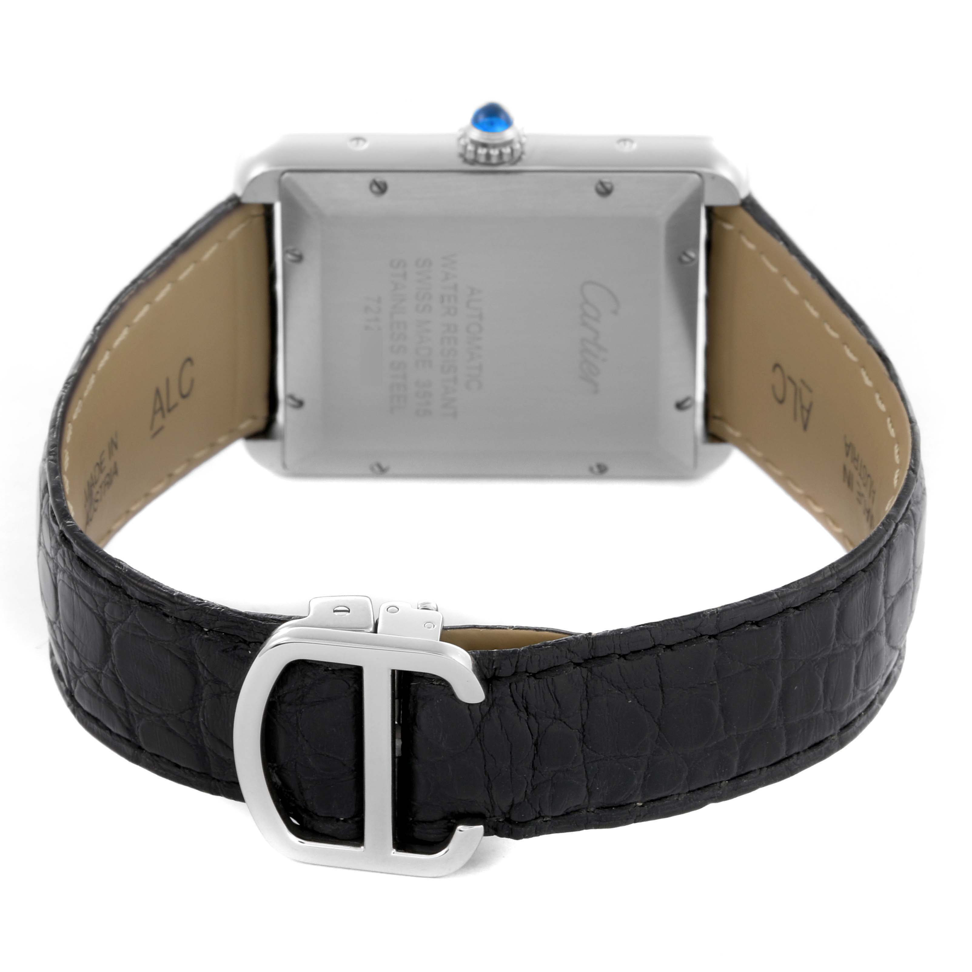 The image shows the back of the Cartier Tank Solo W5200027 Men's Stainless Steel Silver Dial W5200027 Men's Stainless Steel Silver Dial watch and its black leather strap with a clasp.