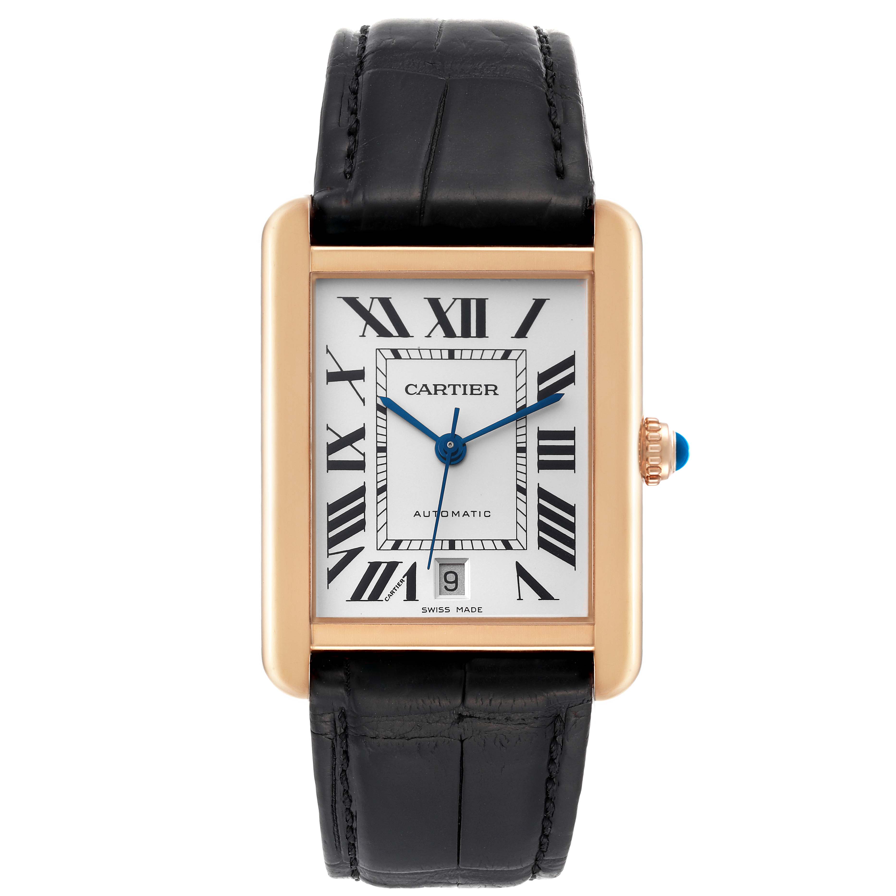 The Cartier Tank Solo W5200026 Men
s Rose Gold Silver Dial W5200026 Men
s Rose Gold Silver Dial watch is shown from a top-down angle, displaying its face, bezel, strap, and crown.