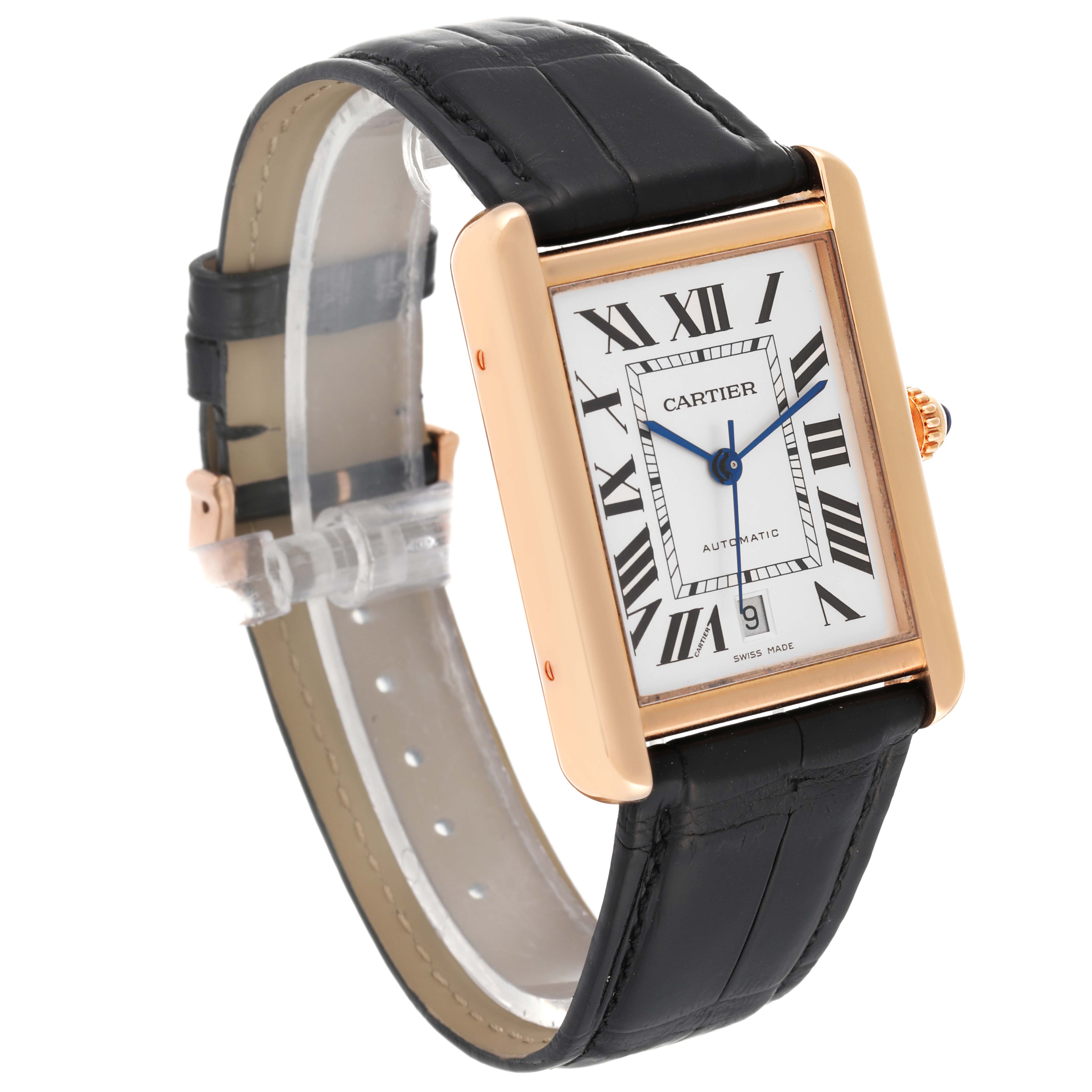 The Tank Solo model by Cartier is shown at an angle displaying the face, crown, and band.