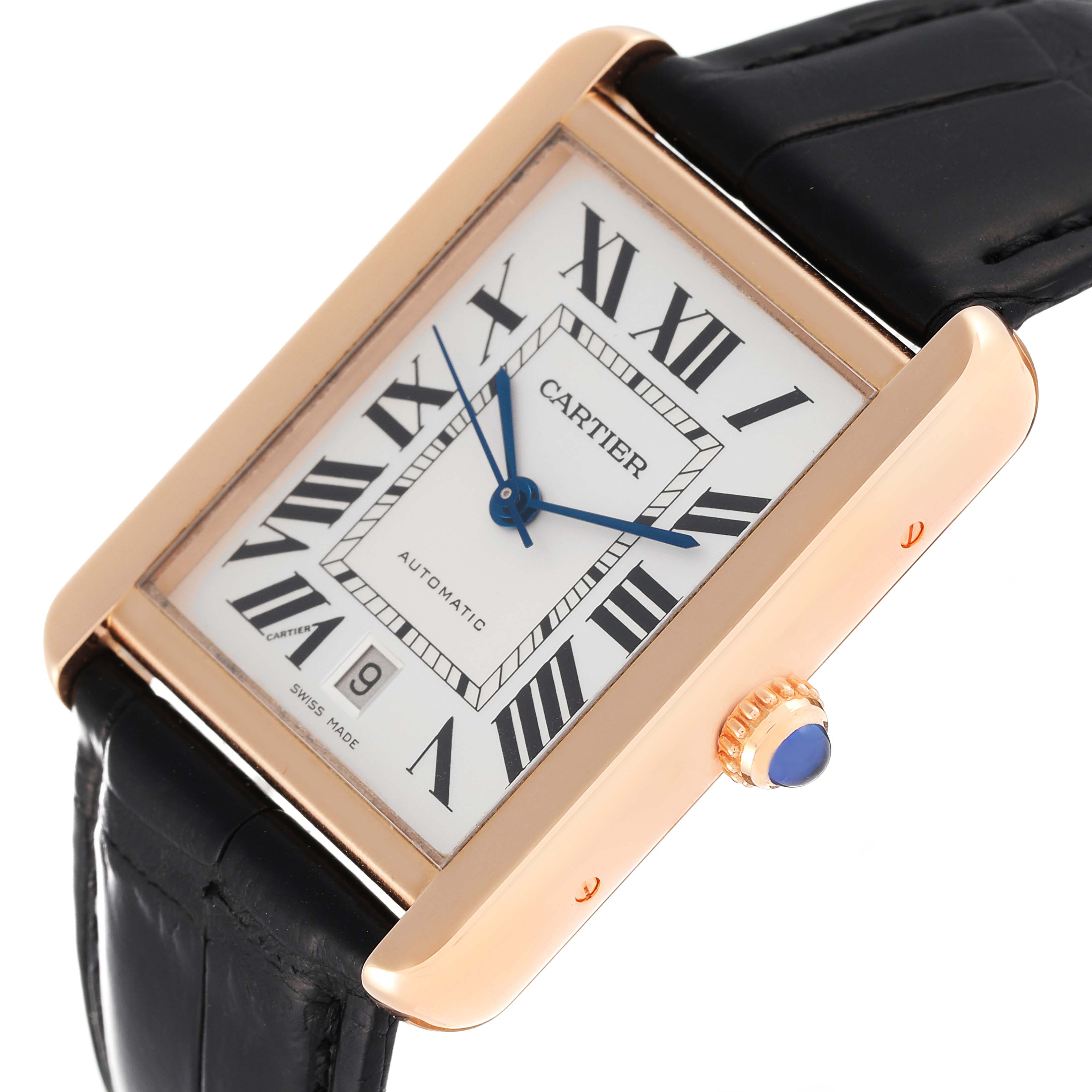 The Cartier Tank Solo W5200026 Men
s Rose Gold Silver Dial W5200026 Men
s Rose Gold Silver Dial watch is shown from an oblique angle, featuring the face, crown, and a part of its black strap.