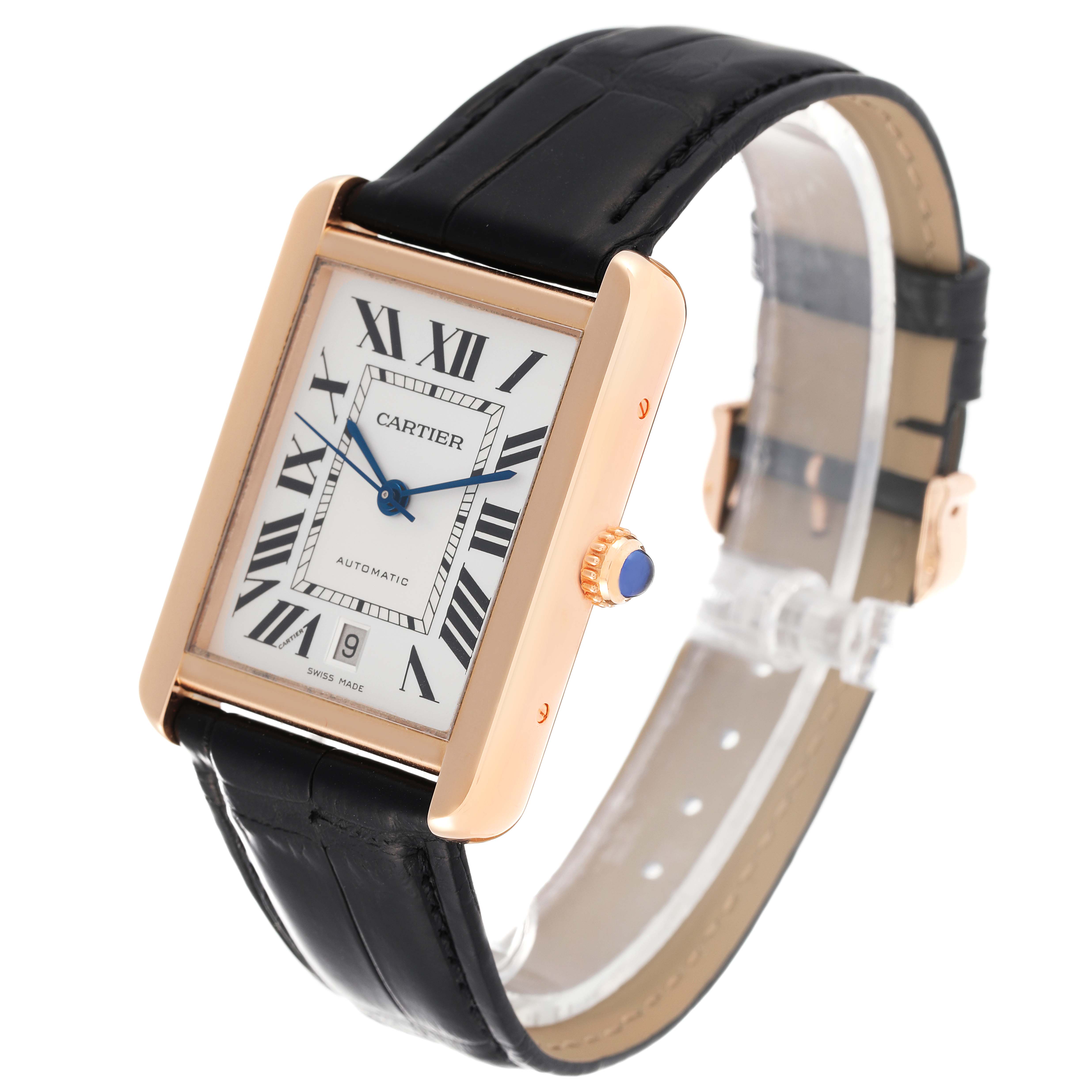 The image shows a Cartier Tank Solo W5200026 Men
s Rose Gold Silver Dial W5200026 Men
s Rose Gold Silver Dial watch from an angled front view, highlighting the dial, case, crown, and black leather strap.