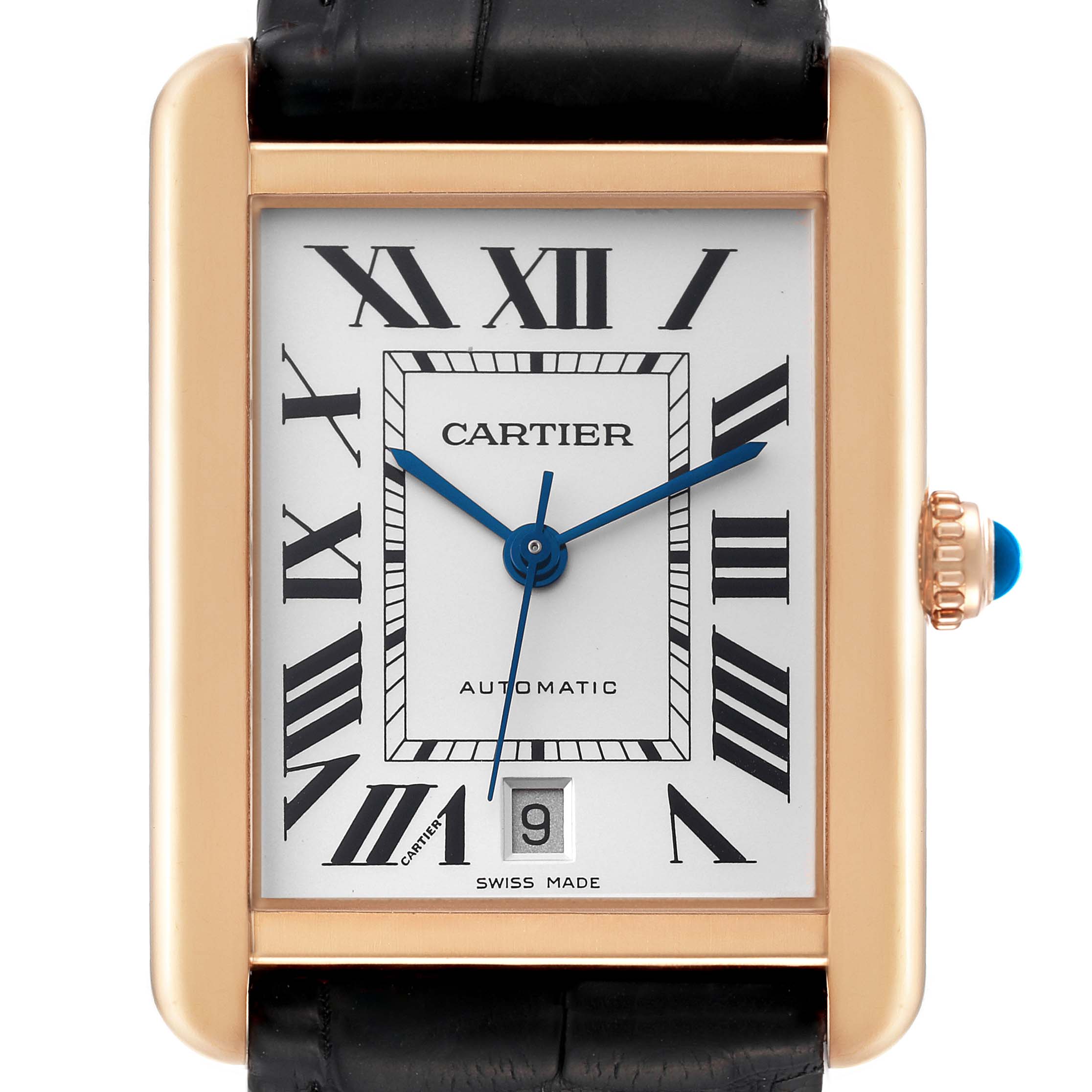 The watch shows a front view of the Cartier Tank Solo W5200026 Men
s Rose Gold Silver Dial W5200026 Men
s Rose Gold Silver Dial model with its rectangular case, Roman numerals, and black leather strap.