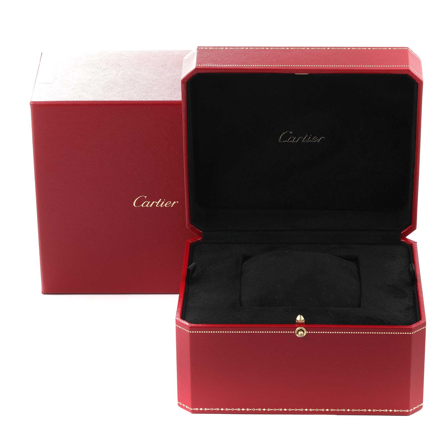 The image shows an open red Cartier box for the Tank Solo model watch, featuring a black interior and a pillow for the watch.