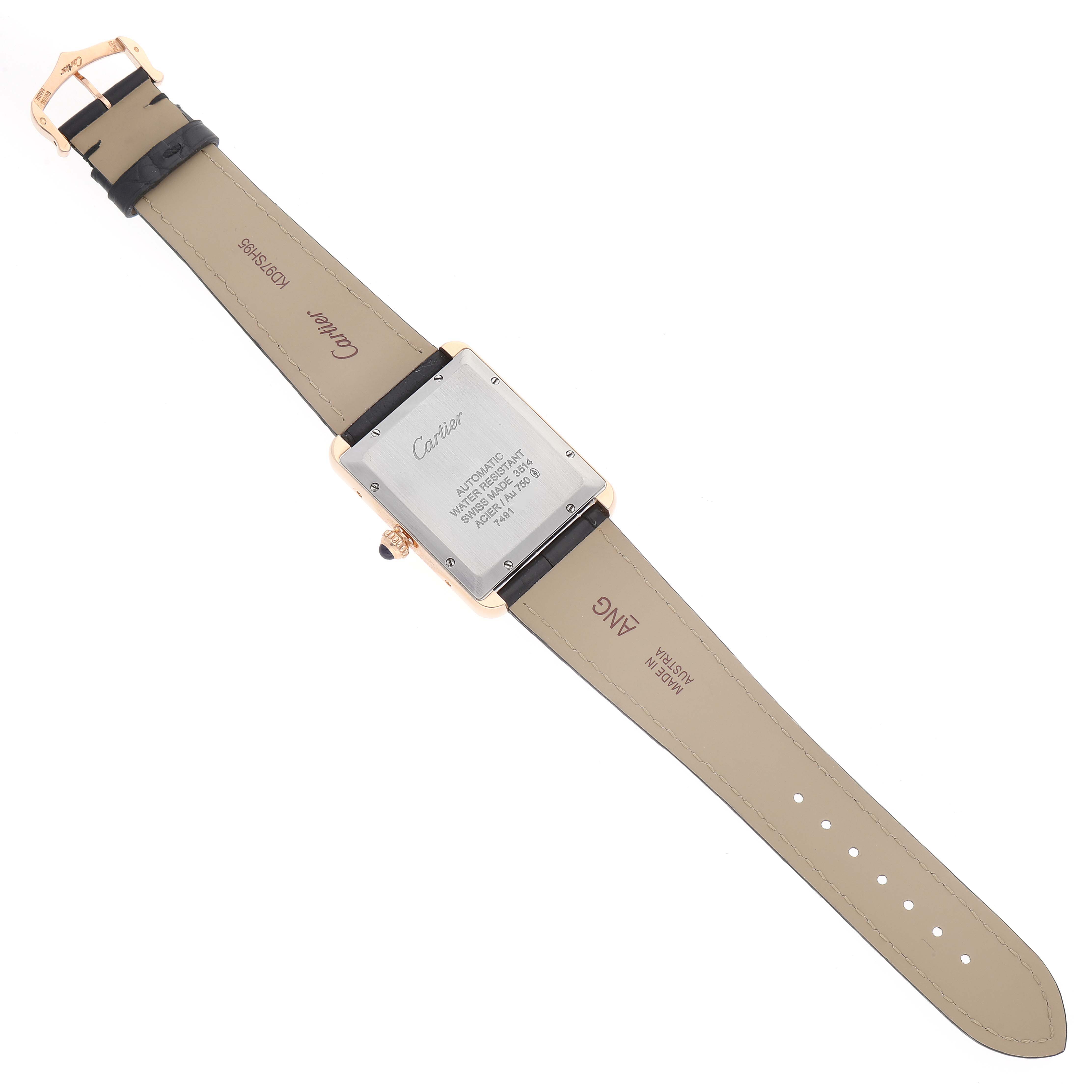 The image shows the back view of the Cartier Tank Solo W5200026 Men
s Rose Gold Silver Dial W5200026 Men
s Rose Gold Silver Dial watch, highlighting the case back and leather straps.