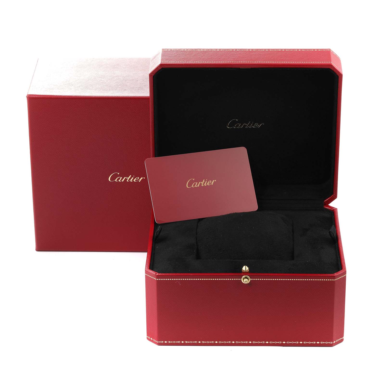 The image shows a Cartier Tank Solo W5200026 Men
s Rose Gold Silver Dial W5200026 Men
s Rose Gold Silver Dial watch box opened, displaying the cushion inside and a Cartier card.