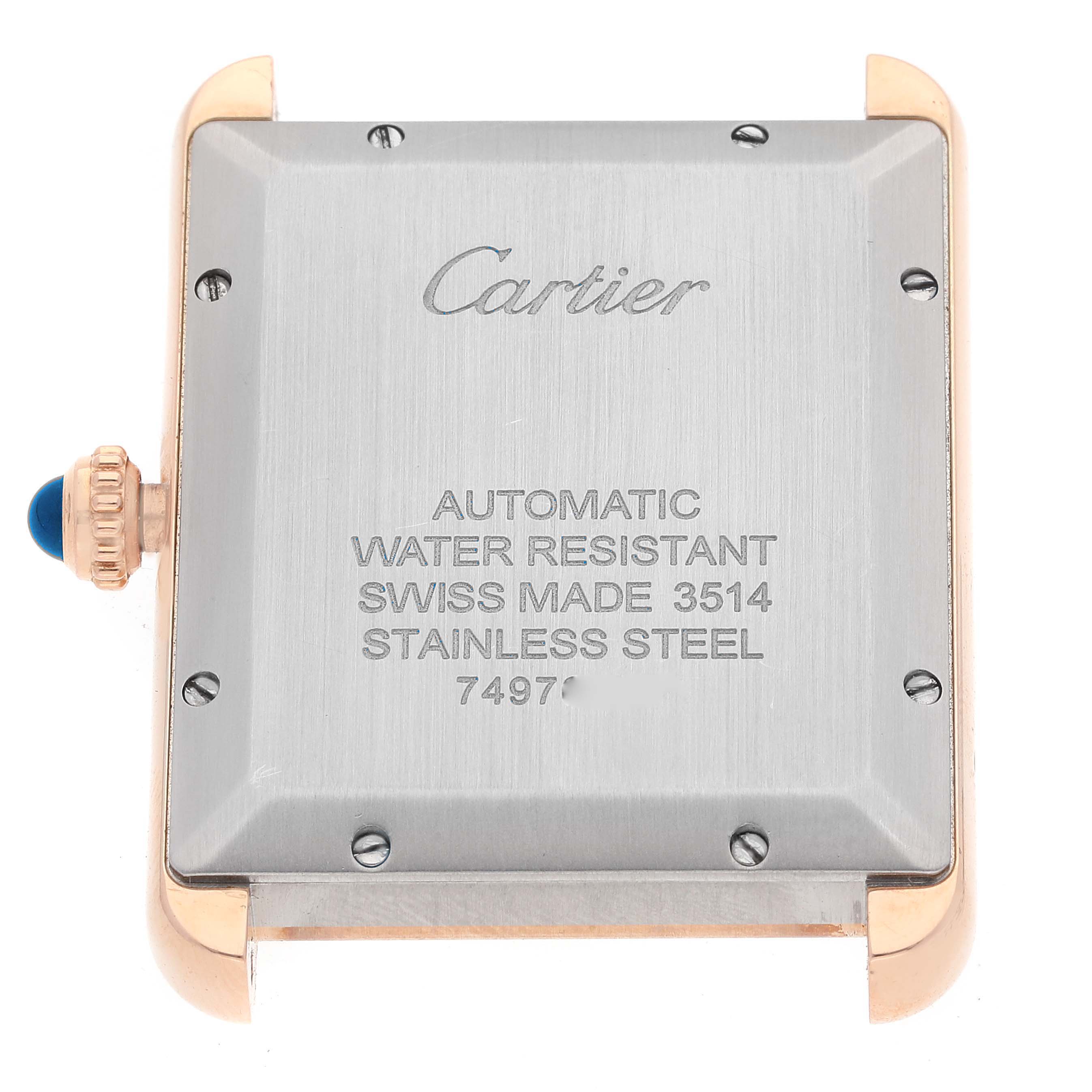 The image shows the back case of the Cartier Tank Solo W5200026 Men
s Rose Gold Silver Dial W5200026 Men
s Rose Gold Silver Dial watch, including the crown and part of the lugs.