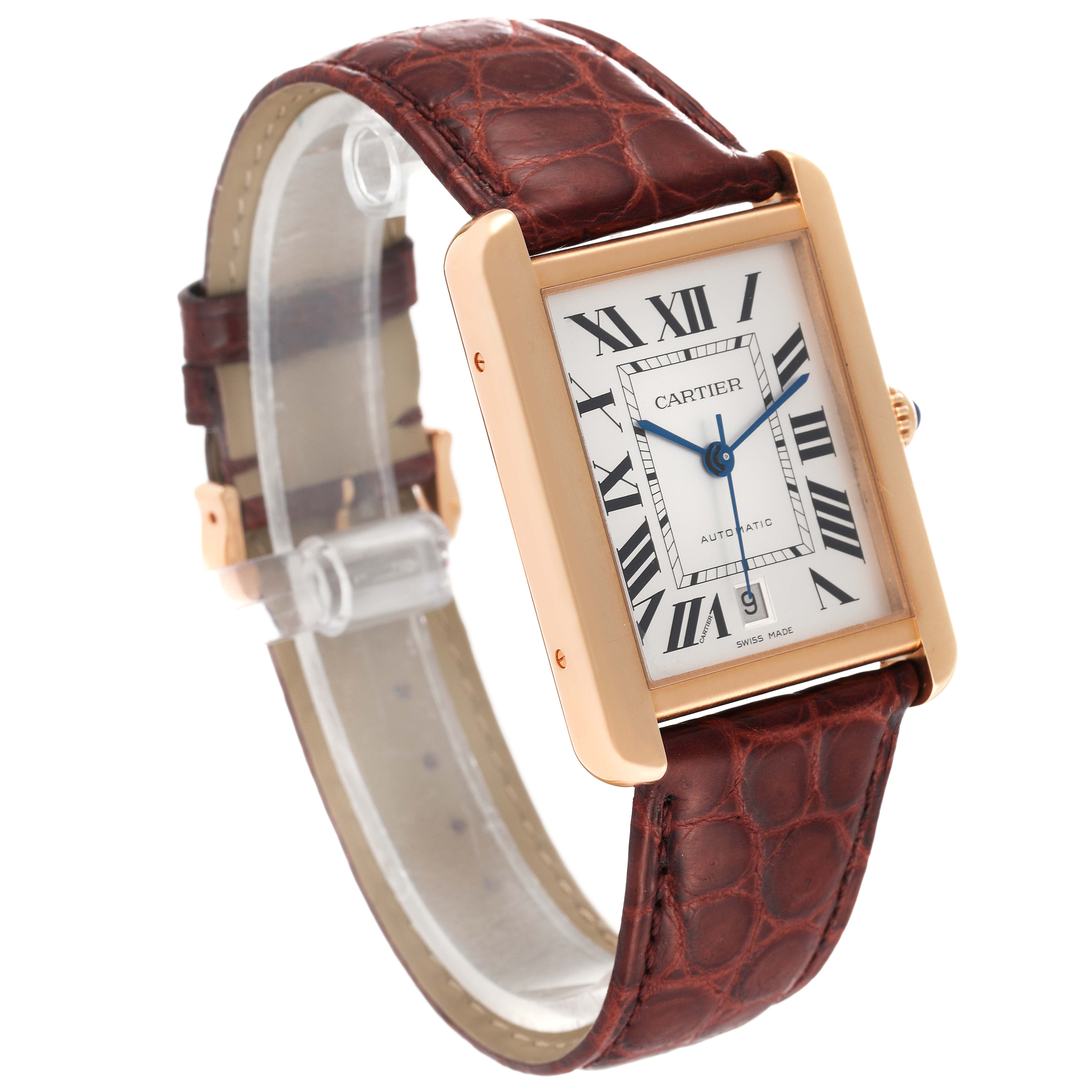 The Tank Solo model by Cartier is shown at a three-quarter angle, highlighting the watch face, strap, and casing.