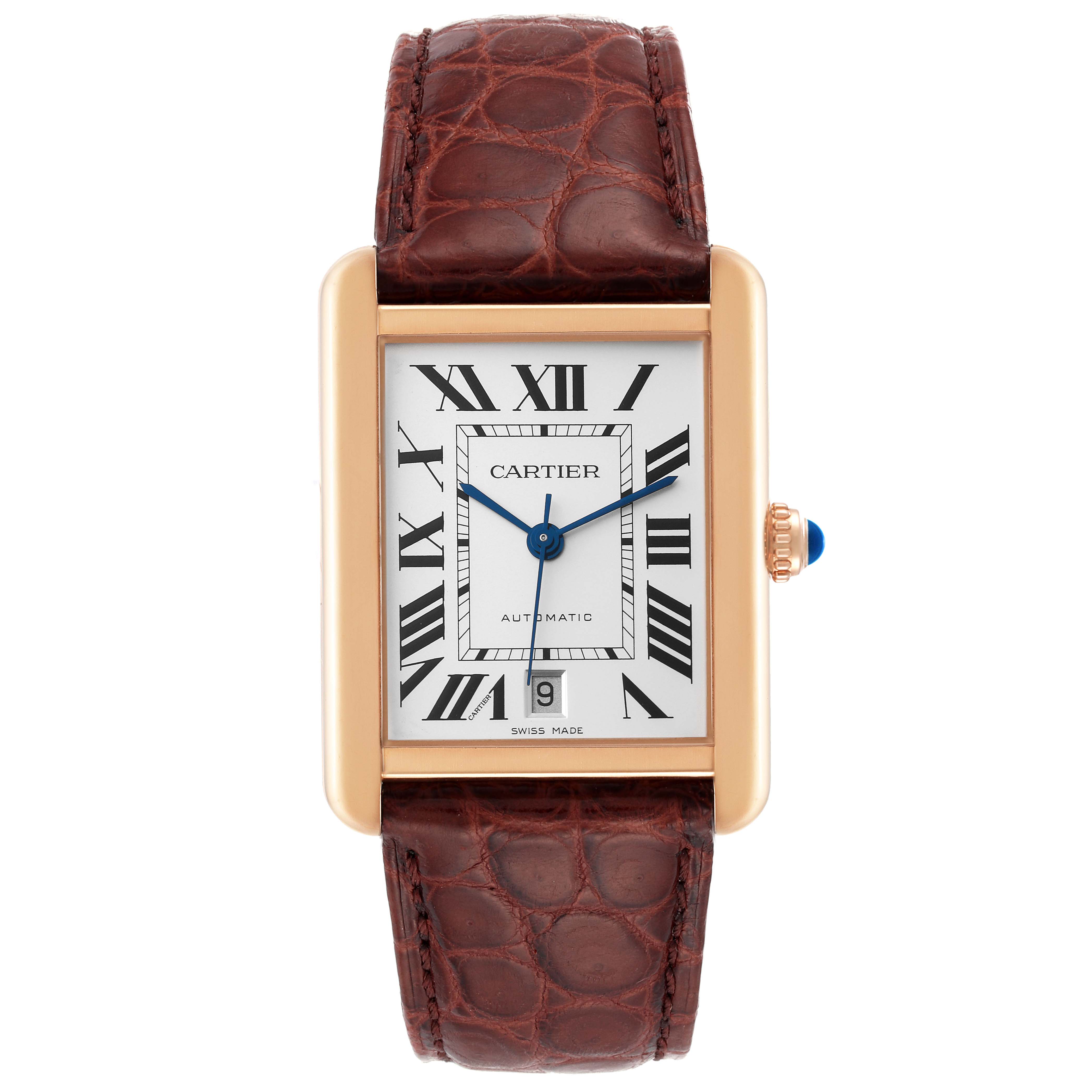 This image shows a front view of the Cartier Tank Solo W5200026 Men
s Rose Gold Silver Dial W5200026 Men
s Rose Gold Silver Dial watch featuring its face, crown, and leather strap.