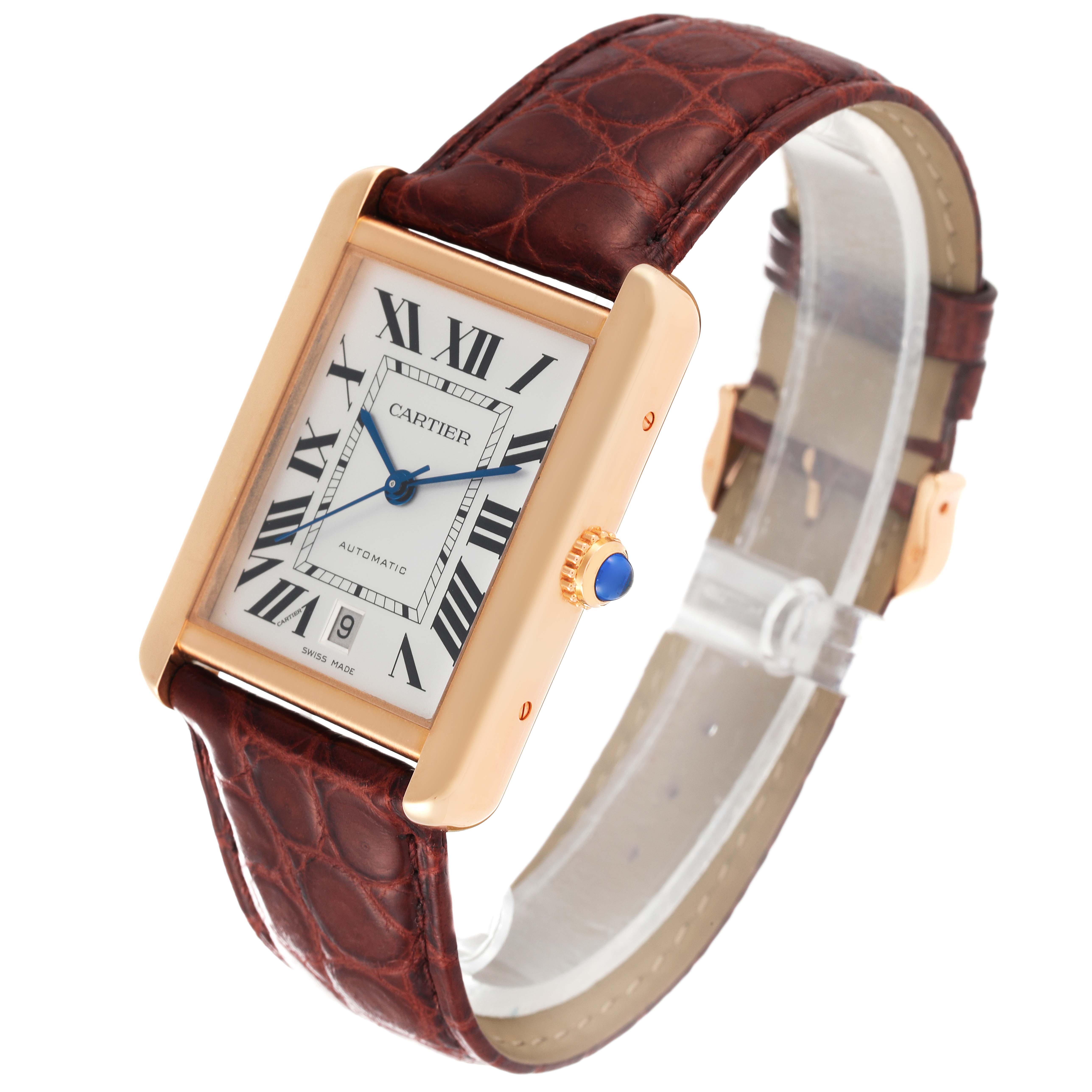 The image shows an angled view of the Cartier Tank Solo W5200026 Men
s Rose Gold Silver Dial W5200026 Men
s Rose Gold Silver Dial watch, highlighting its face, case, crown, and leather strap.