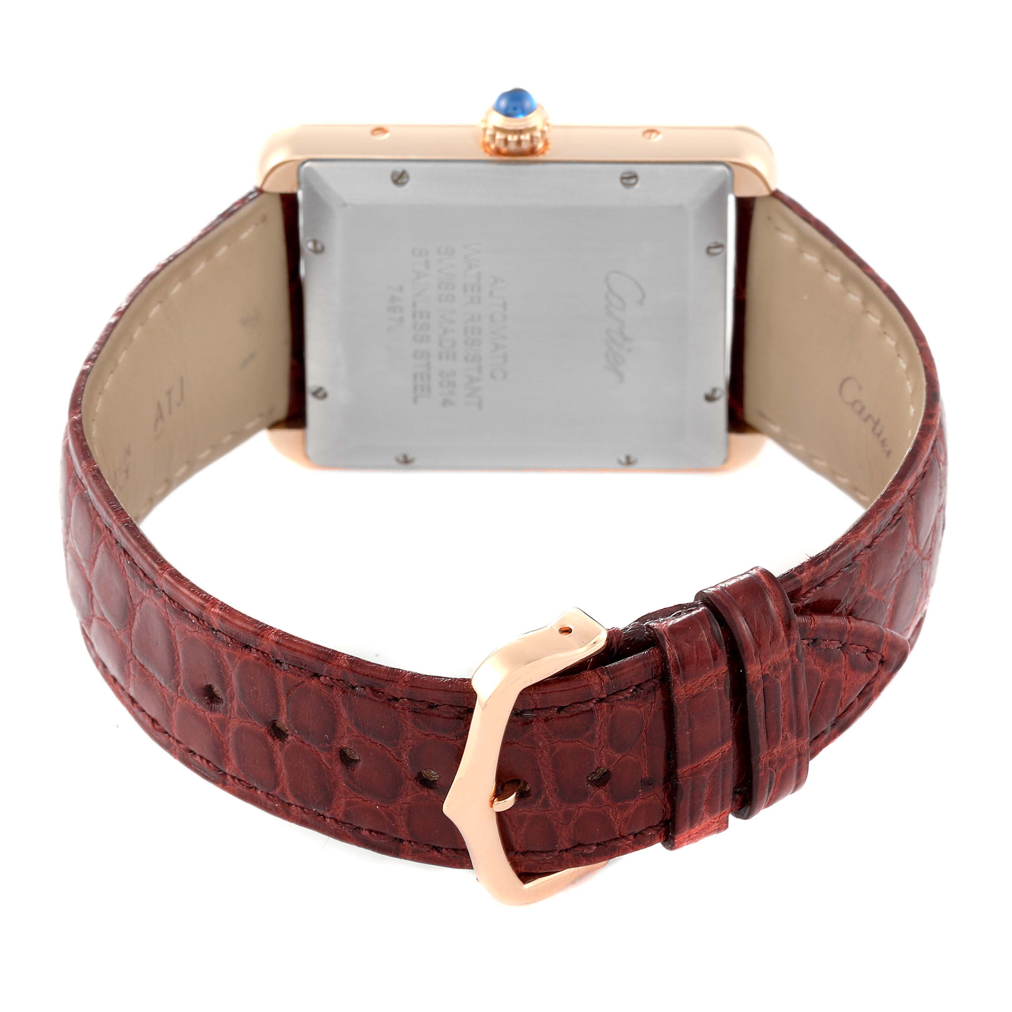 This image shows the back view of the Cartier Tank Solo W5200026 Men
s Rose Gold Silver Dial W5200026 Men
s Rose Gold Silver Dial watch, highlighting the case back, strap, and buckle.