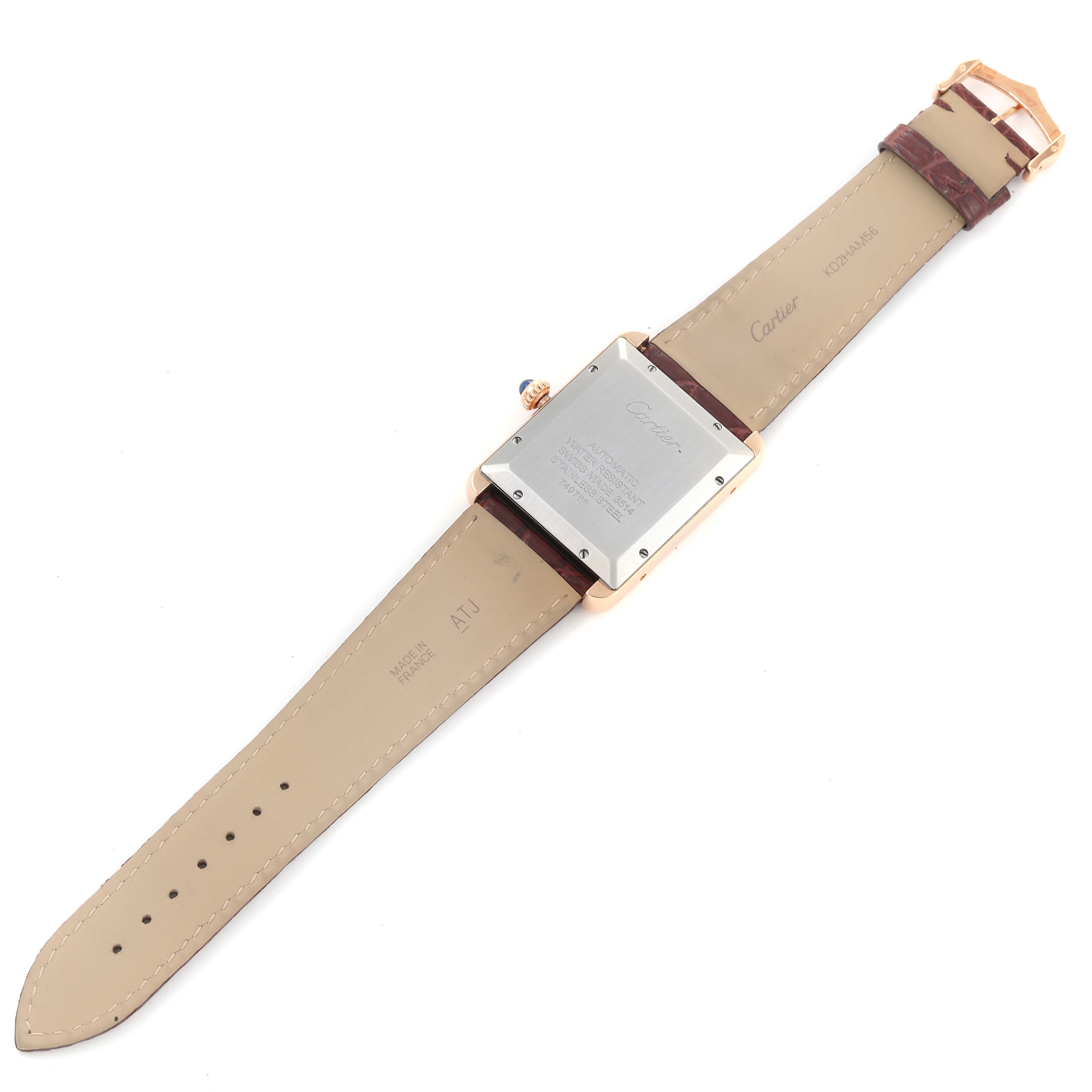 The image shows the back and strap of a Cartier Tank Solo W5200026 Men
s Rose Gold Silver Dial W5200026 Men
s Rose Gold Silver Dial watch, highlighting the case back, strap, and buckle.