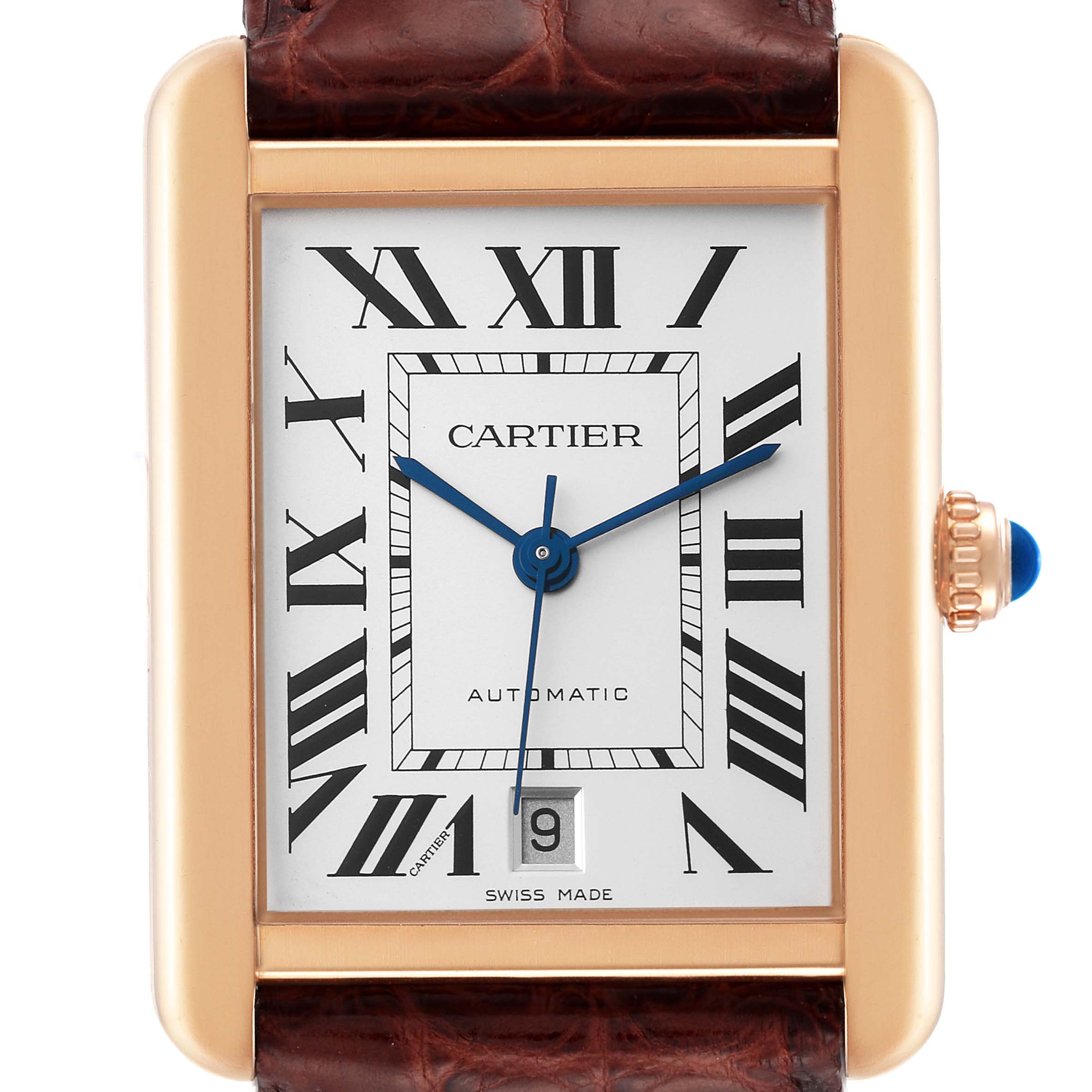 This image shows a close-up front view of a Cartier Tank Solo W5200026 Men
s Rose Gold Silver Dial W5200026 Men
s Rose Gold Silver Dial watch, displaying the face, crown, and part of the strap.