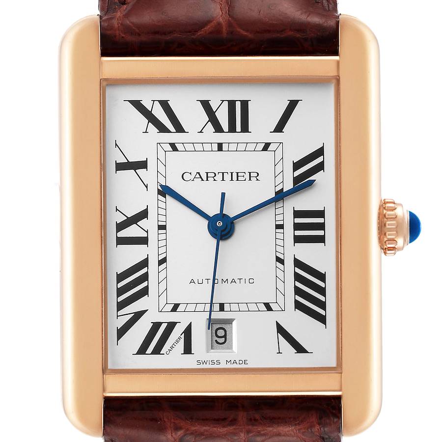Cartier Tank Solo XL Rose Gold Silver Dial Mens Watch W5200026 Box Card SwissWatchExpo