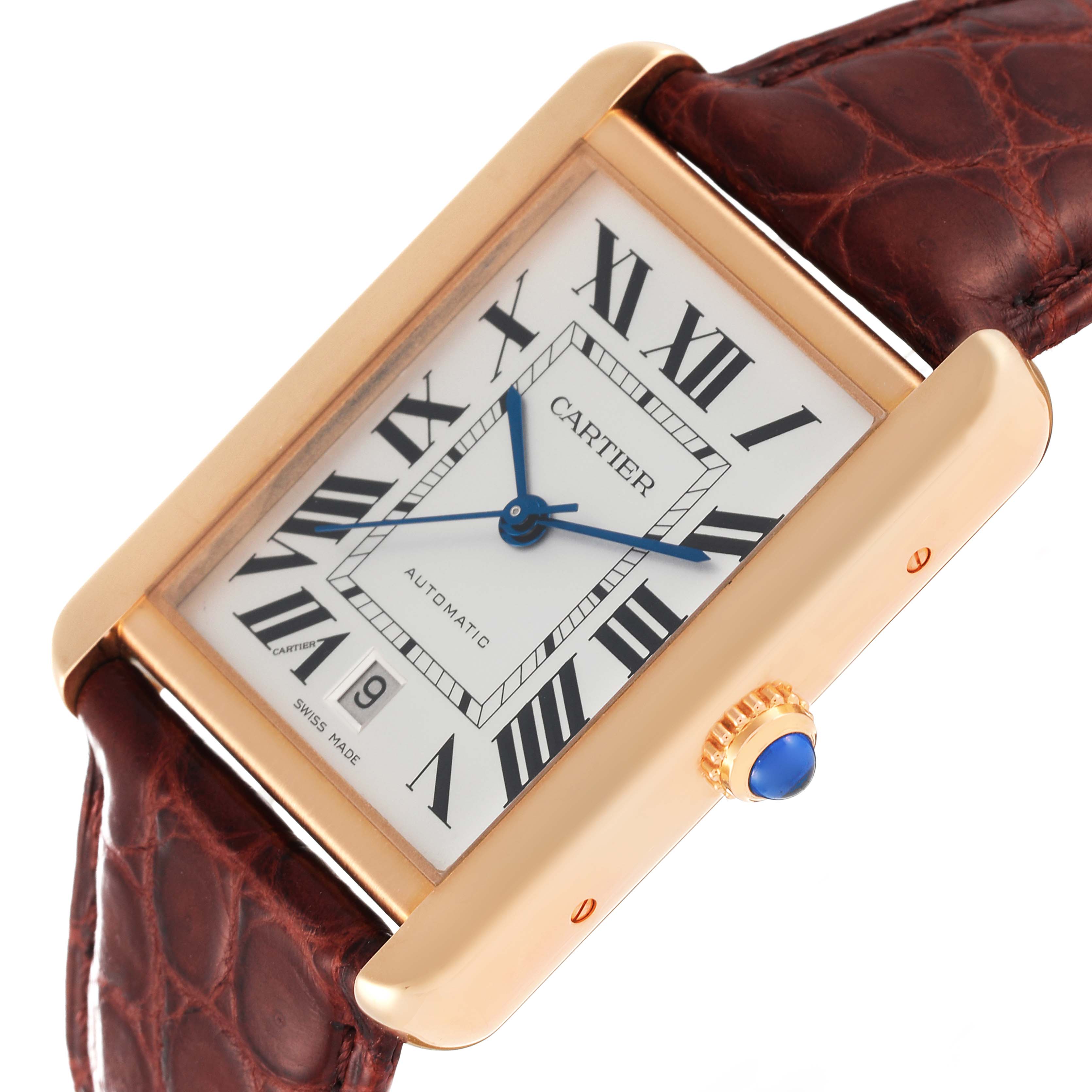 The Cartier Tank Solo W5200026 Men
s Rose Gold Silver Dial W5200026 Men
s Rose Gold Silver Dial watch is shown at a slight angle, highlighting its rectangular face, Roman numerals, date display, and leather strap.