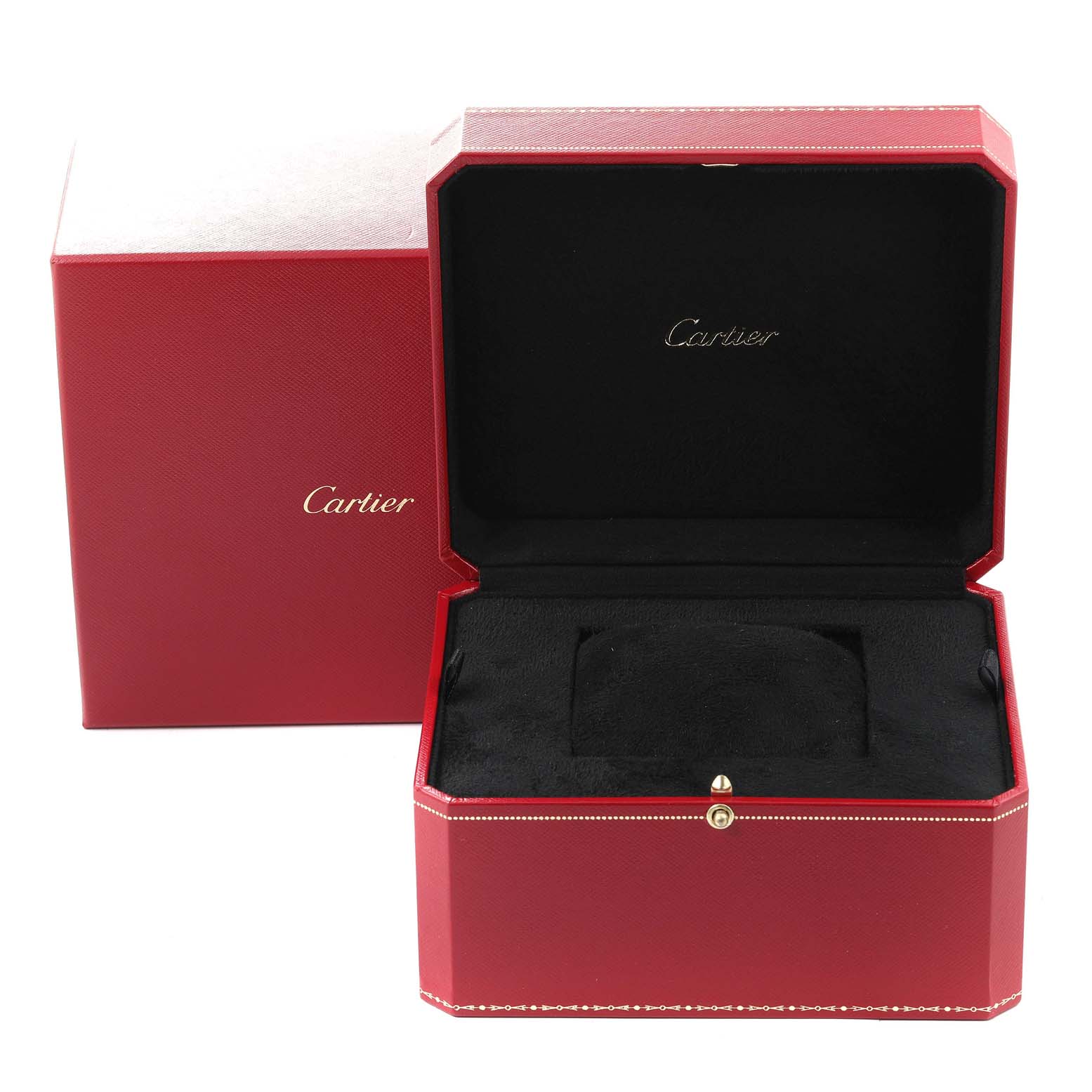 The image shows an open red Cartier watch box, featuring an interior designed for holding the Tankissime model by Cartier.
