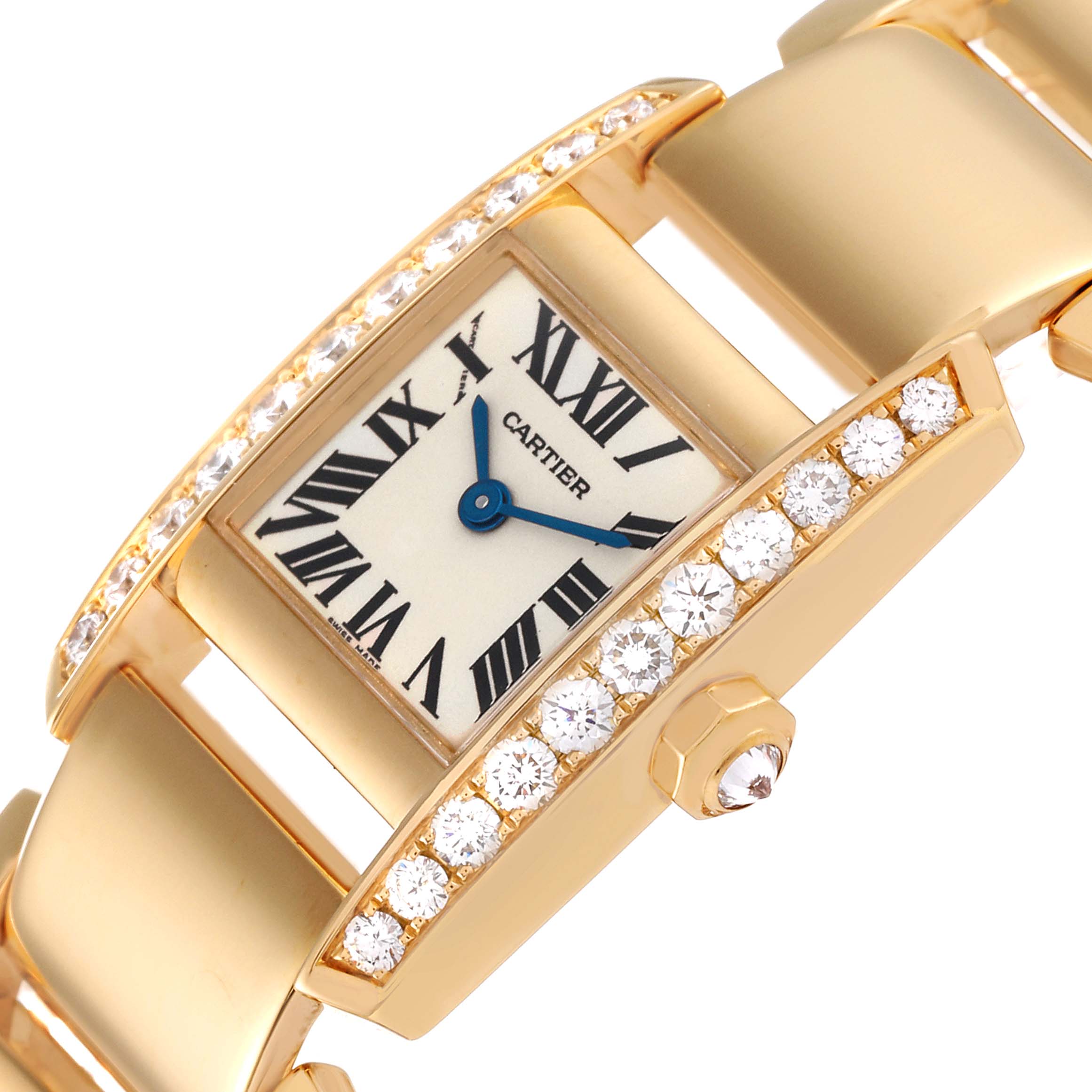 The Cartier Tankissime 2800 Women's Yellow Gold Silver Dial 2800 Women's Yellow Gold Silver Dial watch is shown at an angle, highlighting its diamond-studded bezel and gold bracelet.
