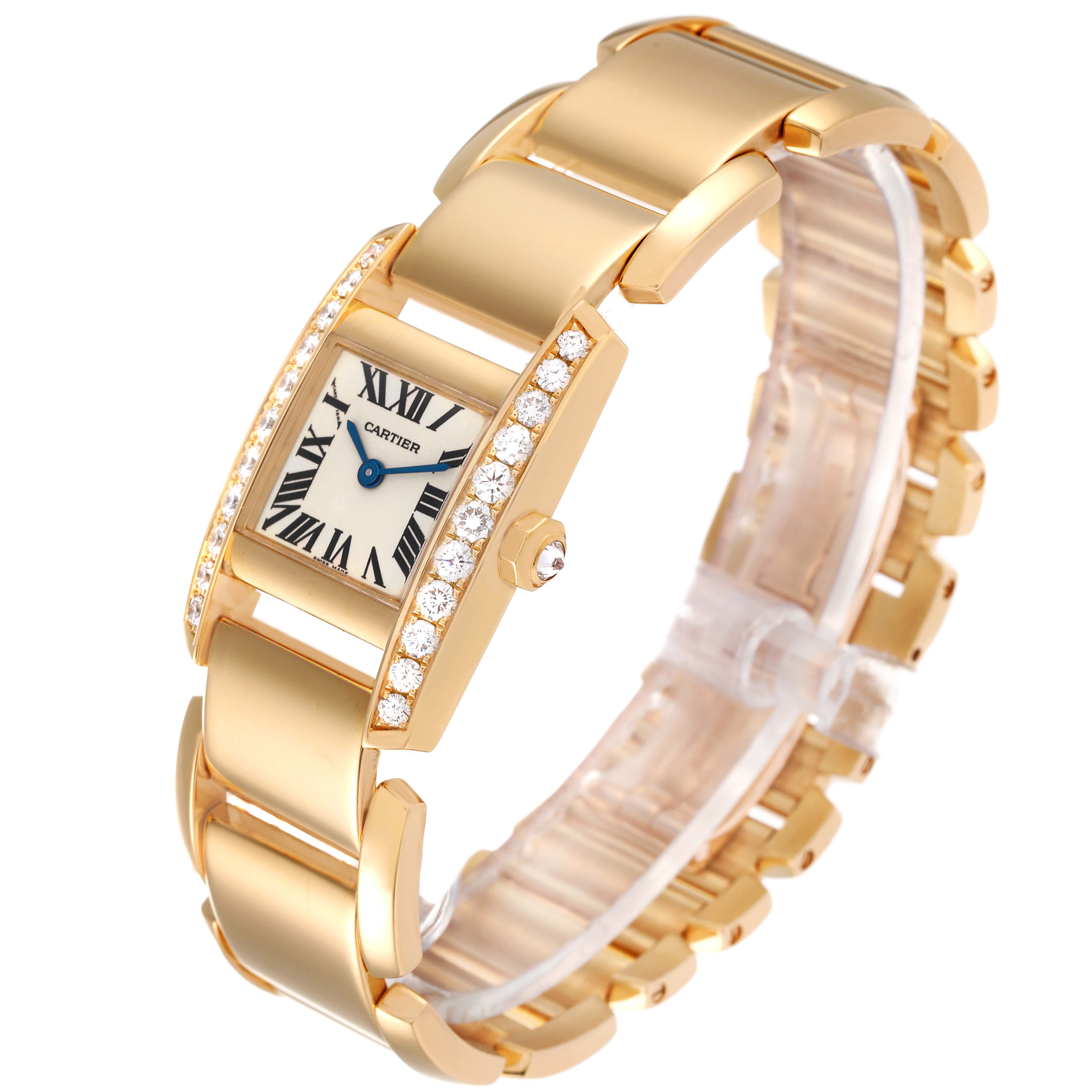The image shows a Cartier Tankissime 2800 Women's Yellow Gold Silver Dial 2800 Women's Yellow Gold Silver Dial watch in a three-quarter view, highlighting its gold bracelet and diamond-studded rectangular case.