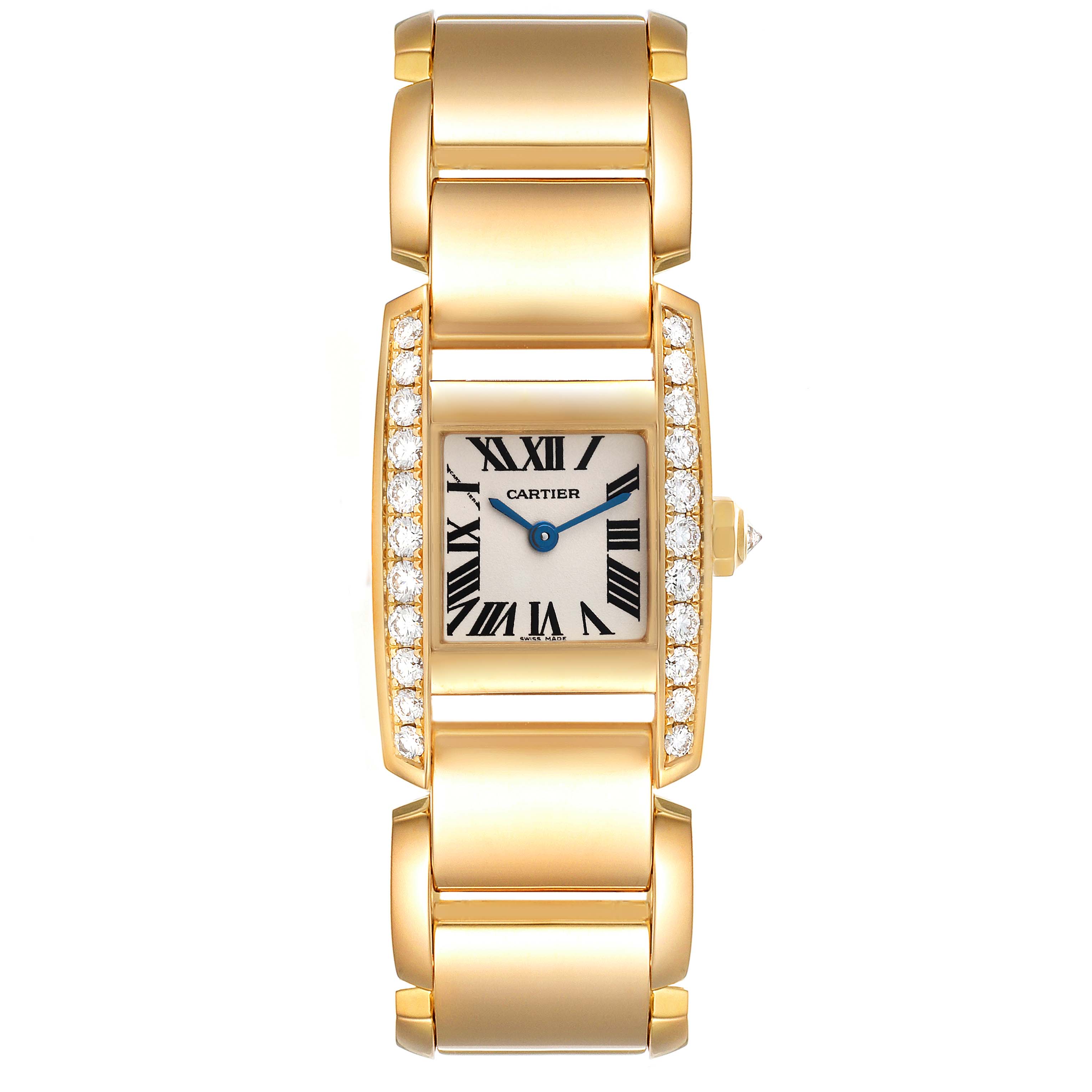 The image shows a top-down view of the Cartier Tankissime 2800 Women's Yellow Gold Silver Dial 2800 Women's Yellow Gold Silver Dial watch, displaying the face, dial, bezel with diamonds, and portions of the bracelet.