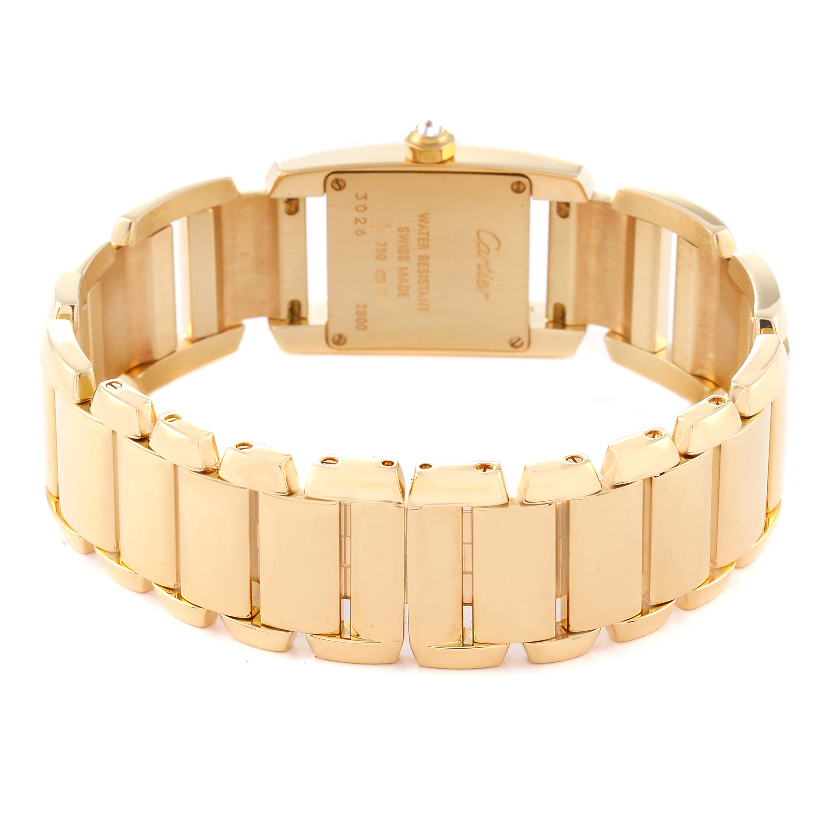 This image shows the back view of a Cartier Tankissime 2800 Women's Yellow Gold Silver Dial 2800 Women's Yellow Gold Silver Dial watch, displaying its gold bracelet and case back.