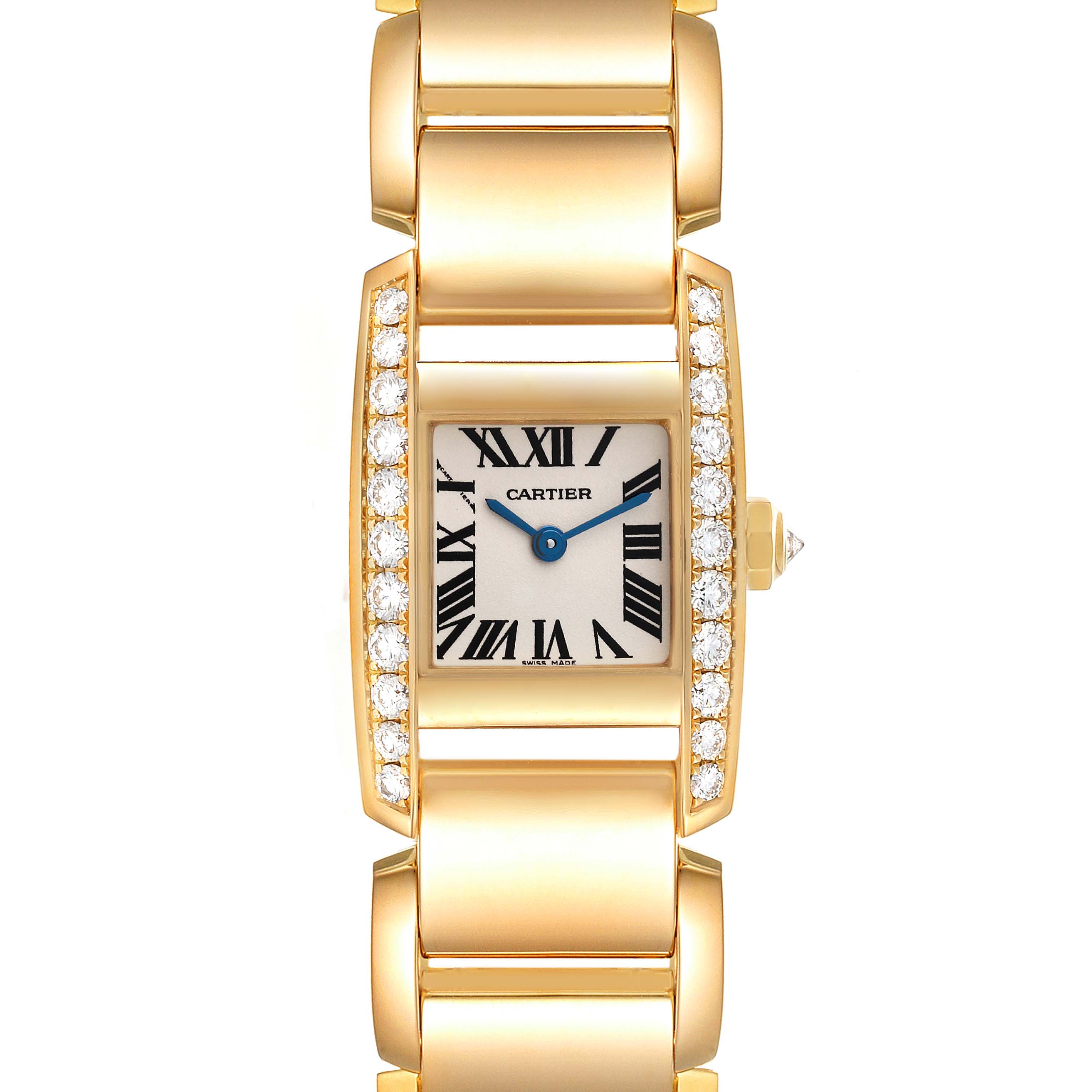 The image shows a top view of a Cartier Tankissime 2800 Women's Yellow Gold Silver Dial 2800 Women's Yellow Gold Silver Dial watch with a gold bracelet, Roman numeral dial, and diamond-set bezel.