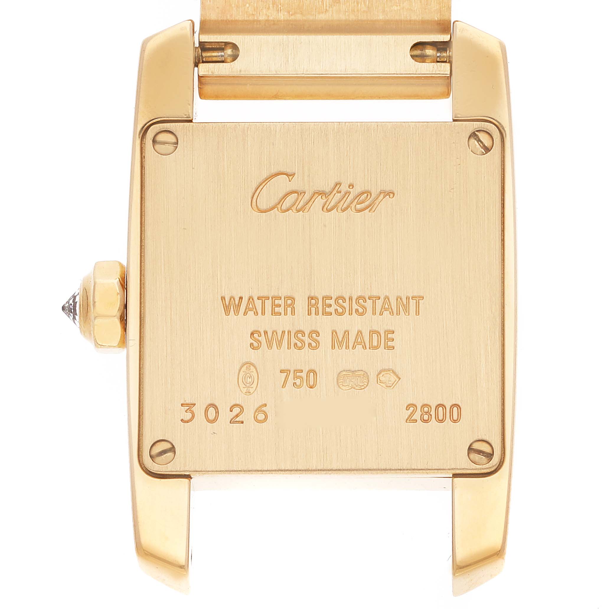 This image shows the back of the Cartier Tankissime 2800 Women's Yellow Gold Silver Dial 2800 Women's Yellow Gold Silver Dial watch at a straight-on angle, displaying its engraving and markings.