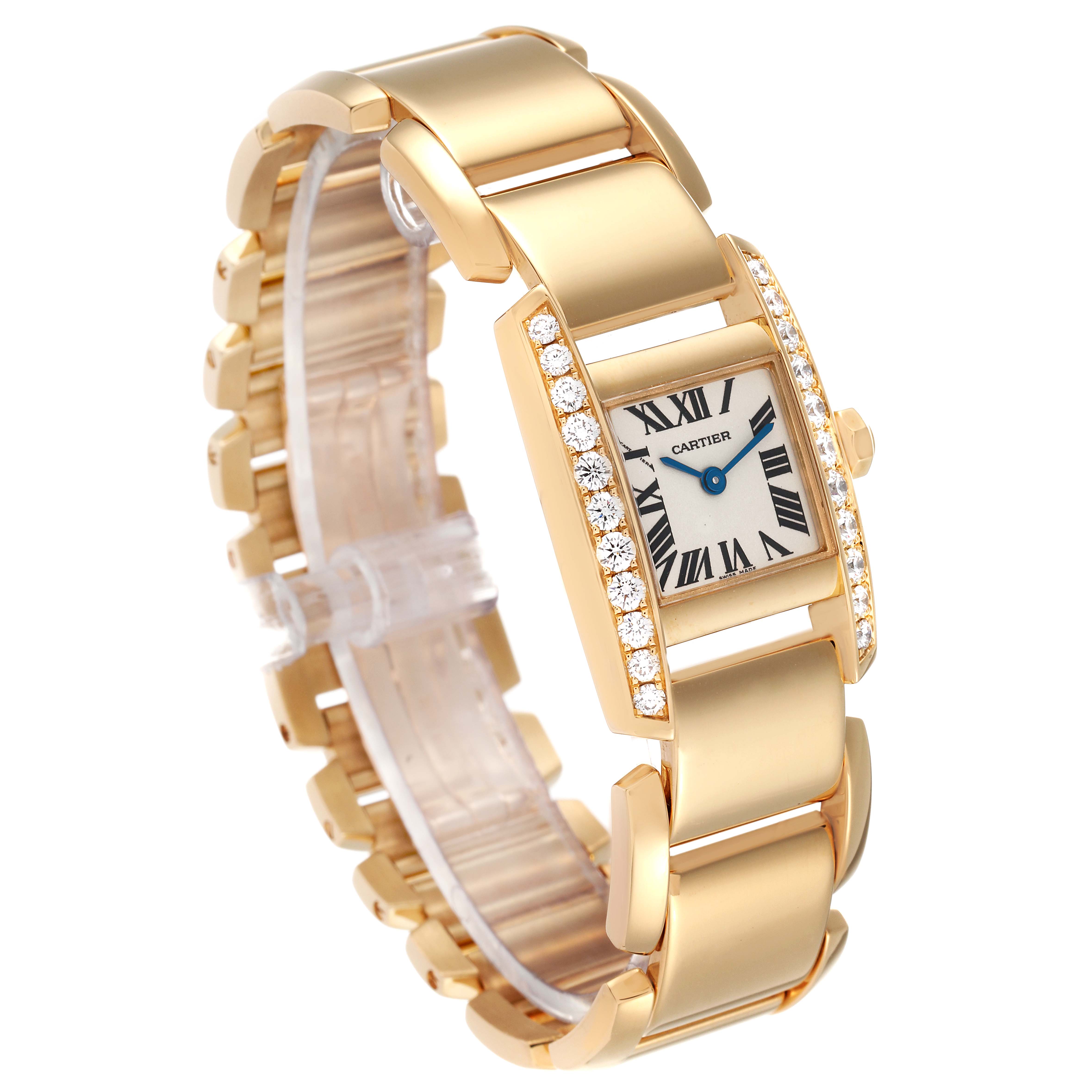 The image shows a gold Cartier Tankissime 2800 Women's Yellow Gold Silver Dial 2800 Women's Yellow Gold Silver Dial watch at an angle displaying its face, band, and diamond-encrusted case.