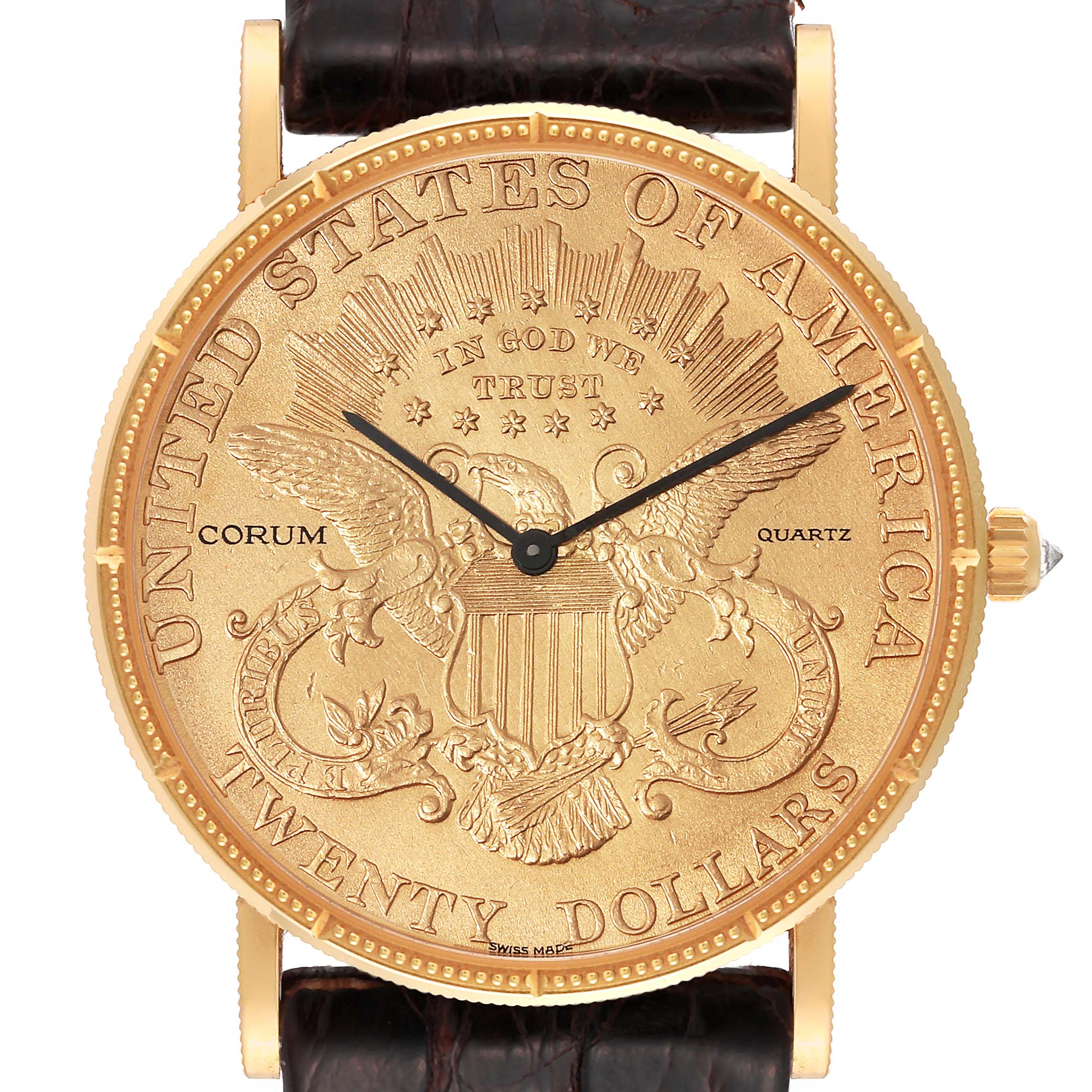 The image shows a Corum Coin Watch 4414556 Men's Yellow Gold Champagne Dial 4414556 Men's Yellow Gold Champagne Dial model, displaying its engraved gold coin dial, hour and minute hands, and part of the leather strap.