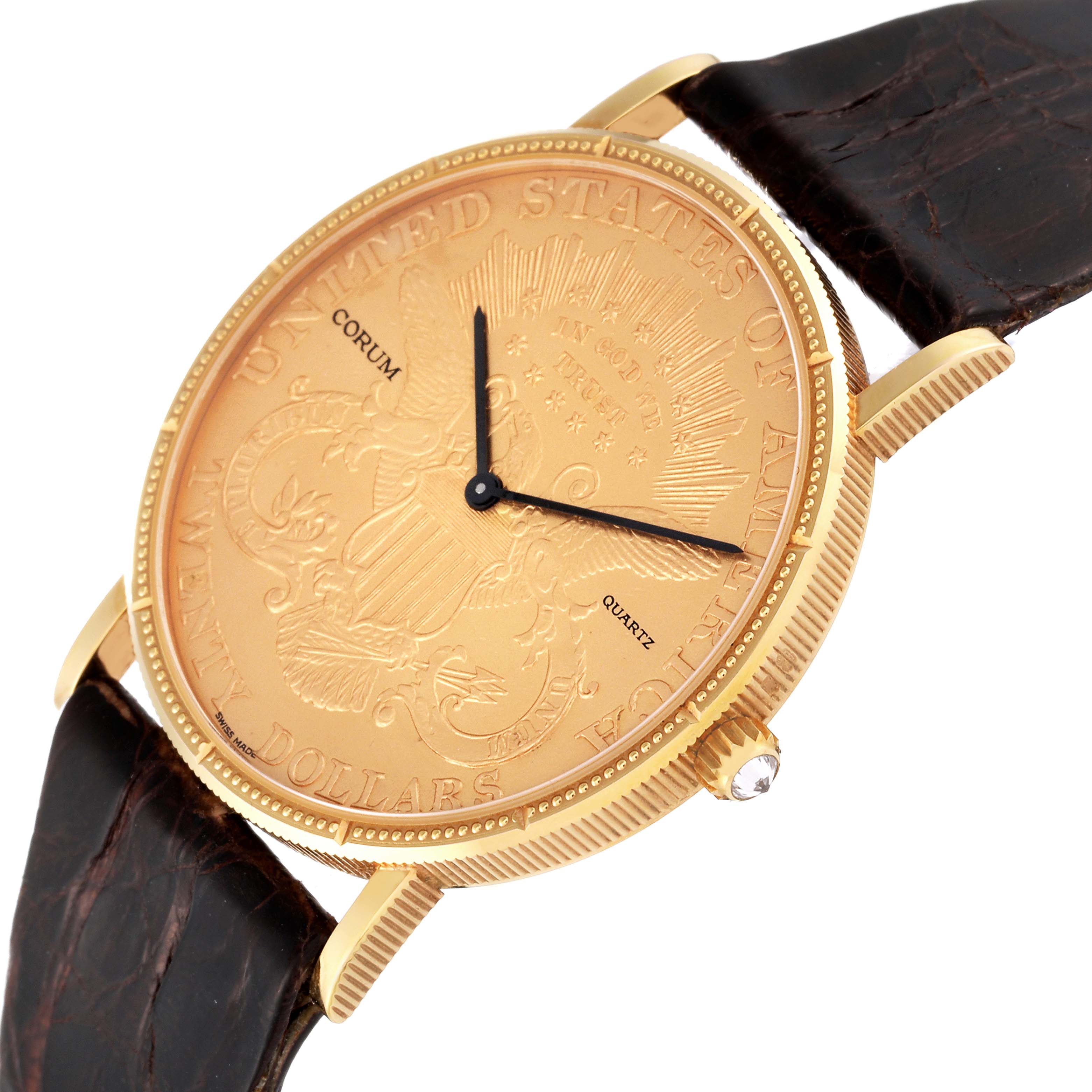 The image shows a Corum Coin Watch 4414556 Men's Yellow Gold Champagne Dial 4414556 Men's Yellow Gold Champagne Dial model from an angled side view, featuring its gold coin face, black hands, and dark leather strap.