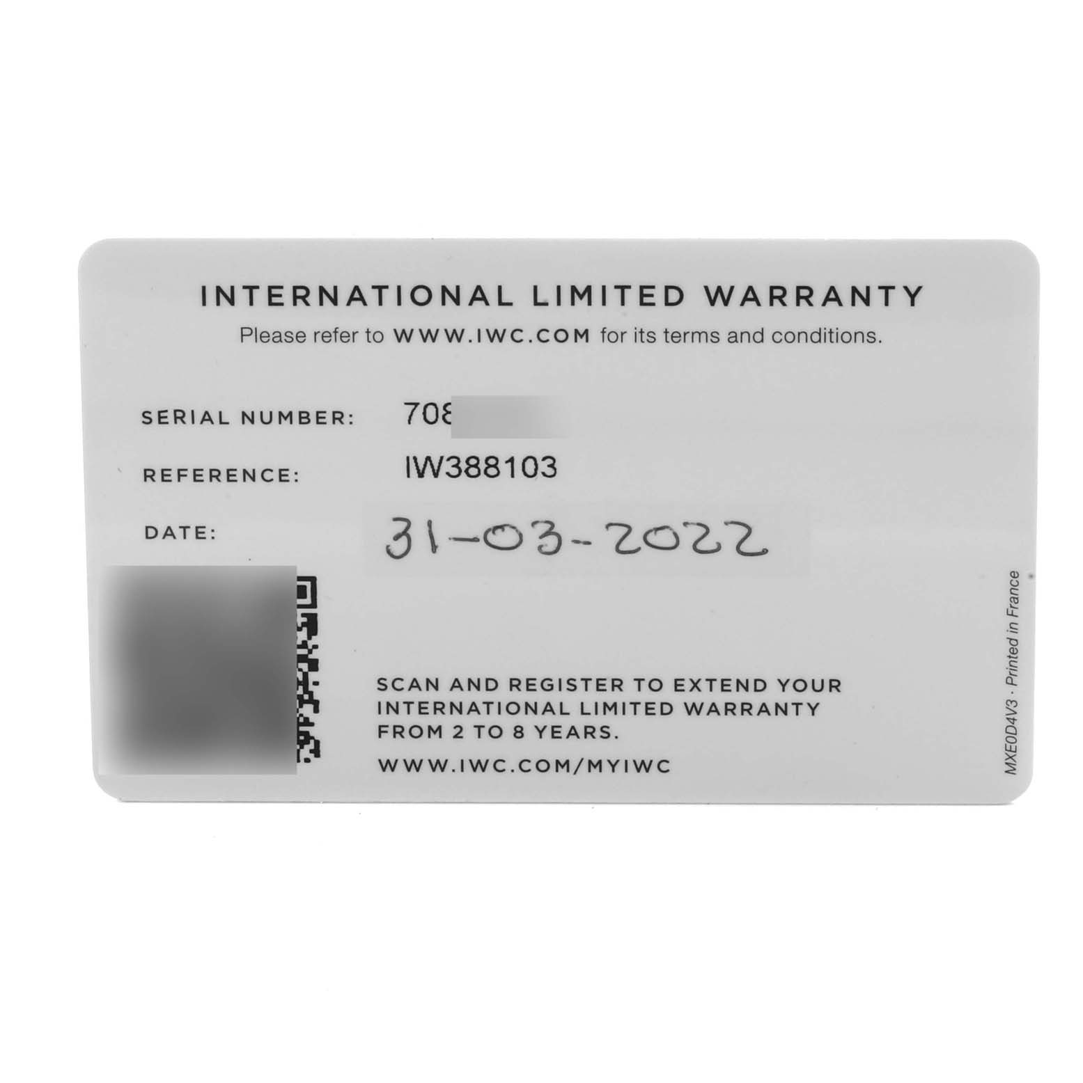 The image shows an IWC Pilot IW388103 Men's Stainless Steel Green Dial IW388103 Men's Stainless Steel Green Dial watch's international limited warranty card with model and purchase details.