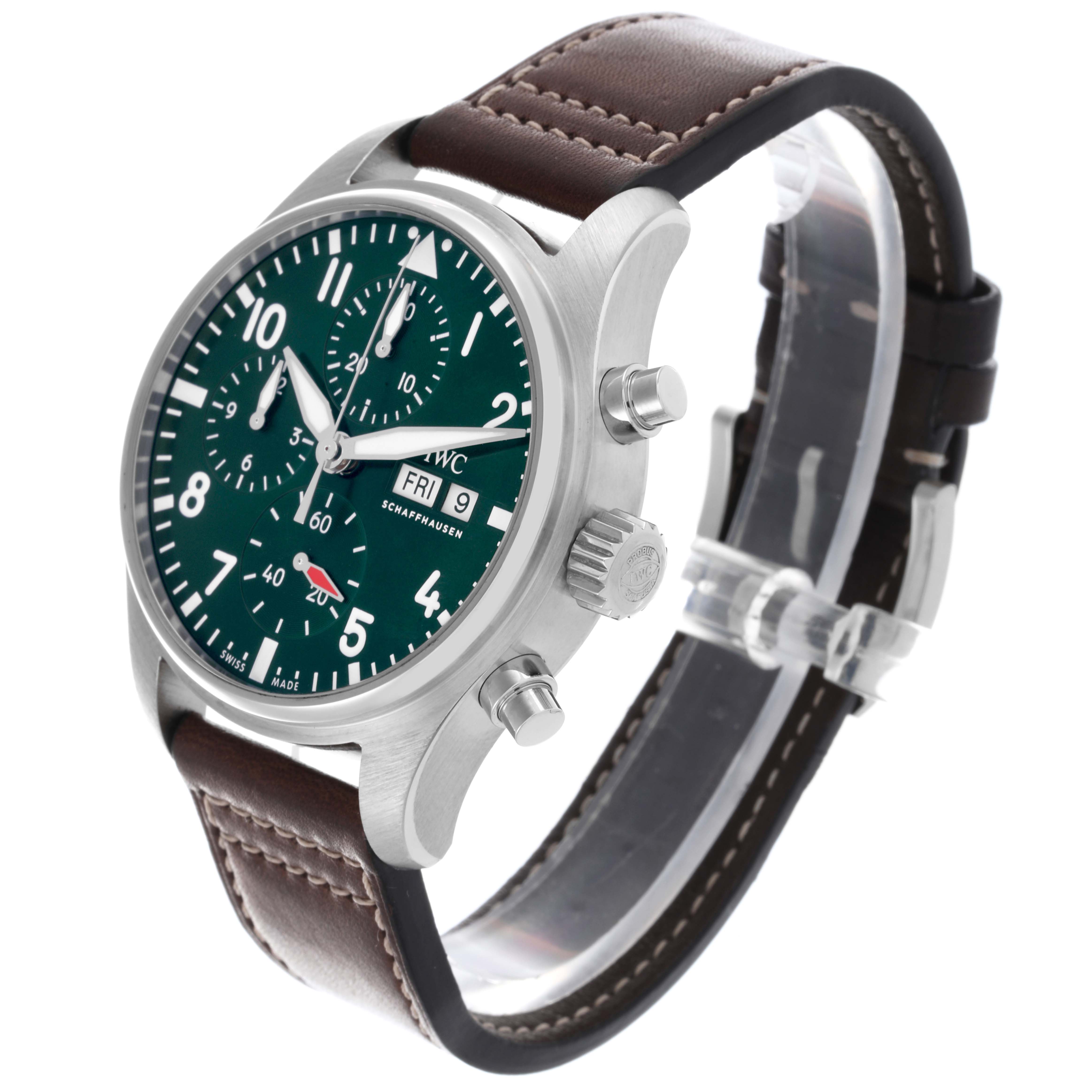 The IWC Pilot IW388103 Men's Stainless Steel Green Dial IW388103 Men's Stainless Steel Green Dial watch is shown from an angled side view, highlighting its dial, crown, pushers, and leather strap.