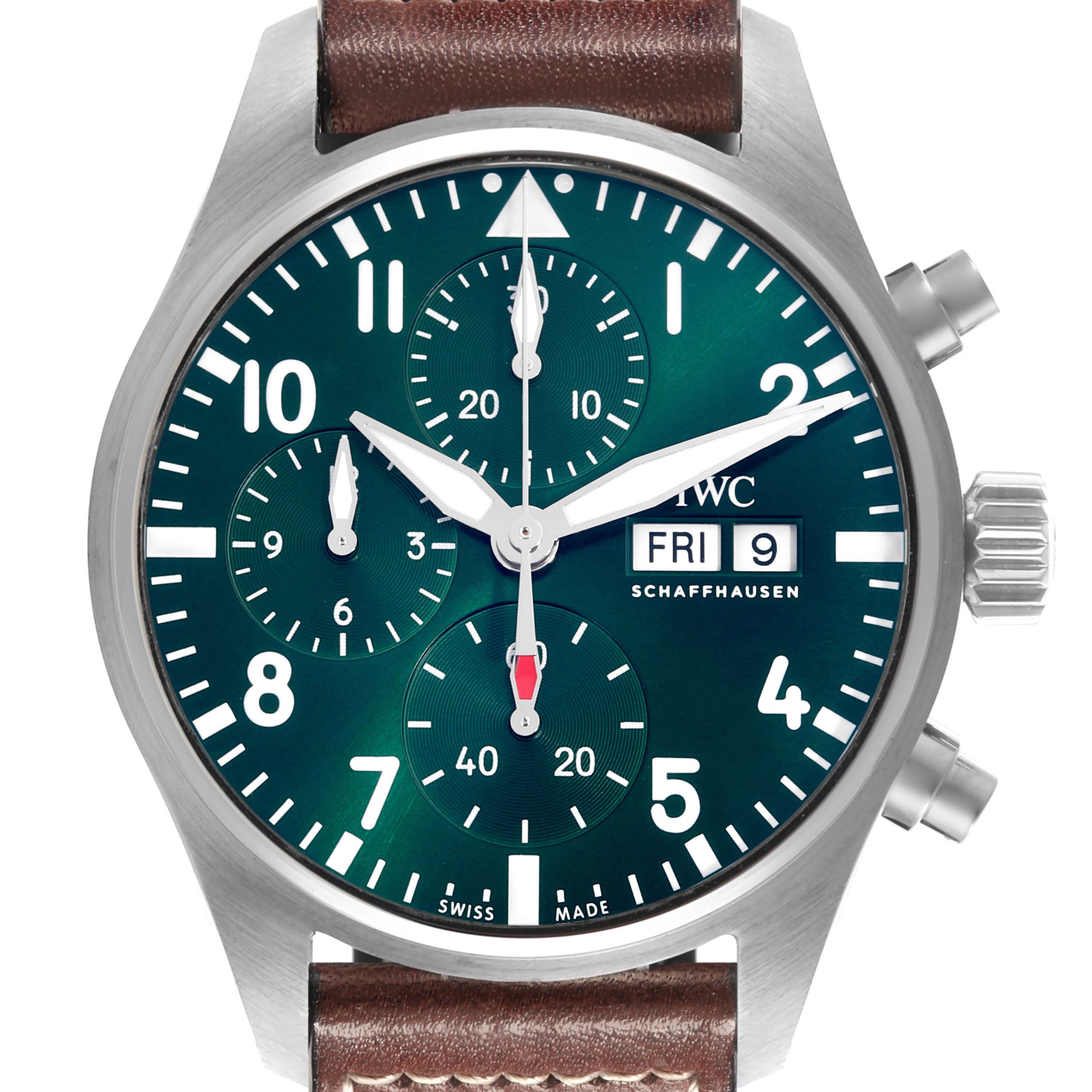 The IWC Pilot IW388103 Men's Stainless Steel Green Dial IW388103 Men's Stainless Steel Green Dial model watch is shown from a frontal angle, displaying the dial, crown, and pushers.