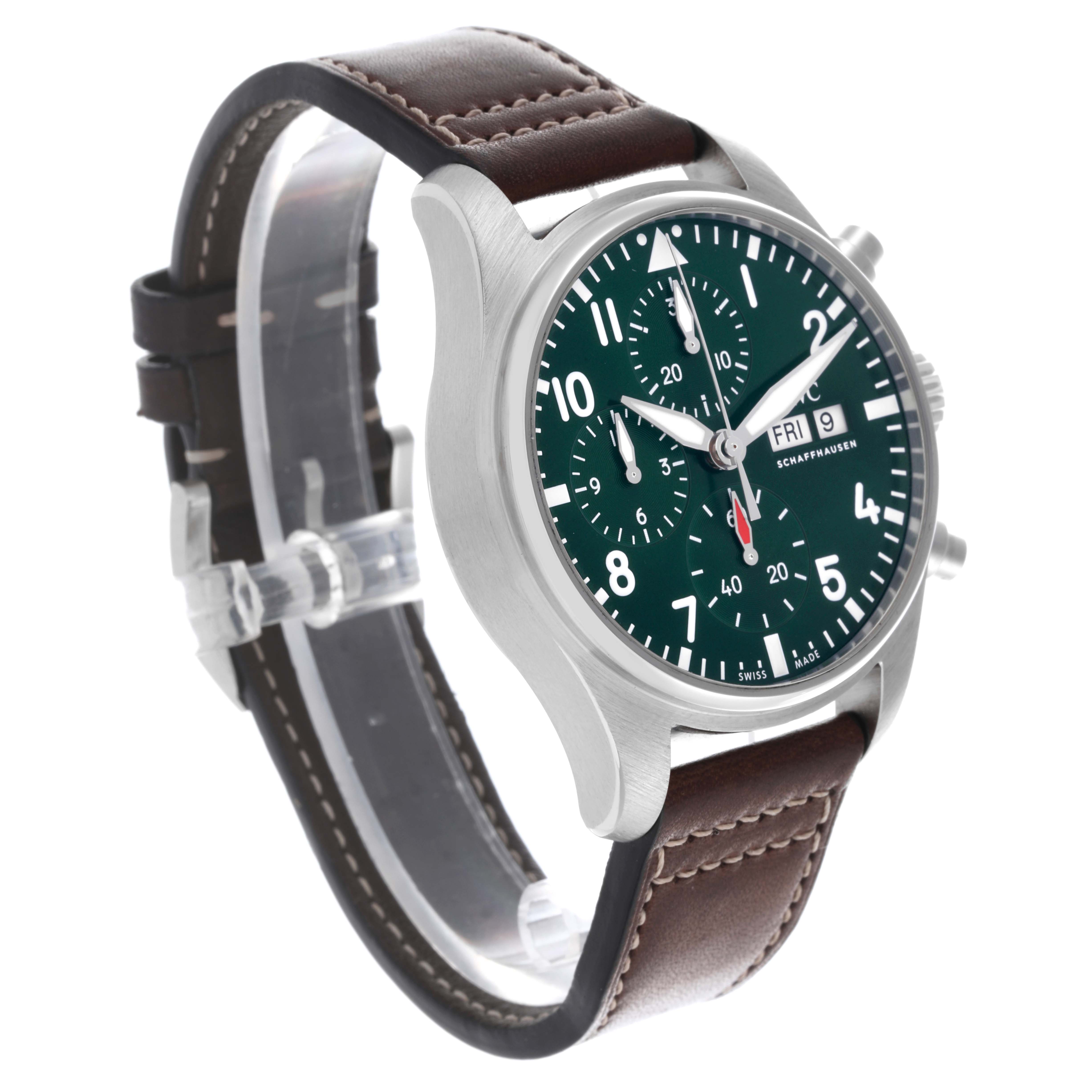 The IWC Pilot IW388103 Men's Stainless Steel Green Dial IW388103 Men's Stainless Steel Green Dial watch is shown at a three-quarter angle, highlighting the face, case, and leather strap.