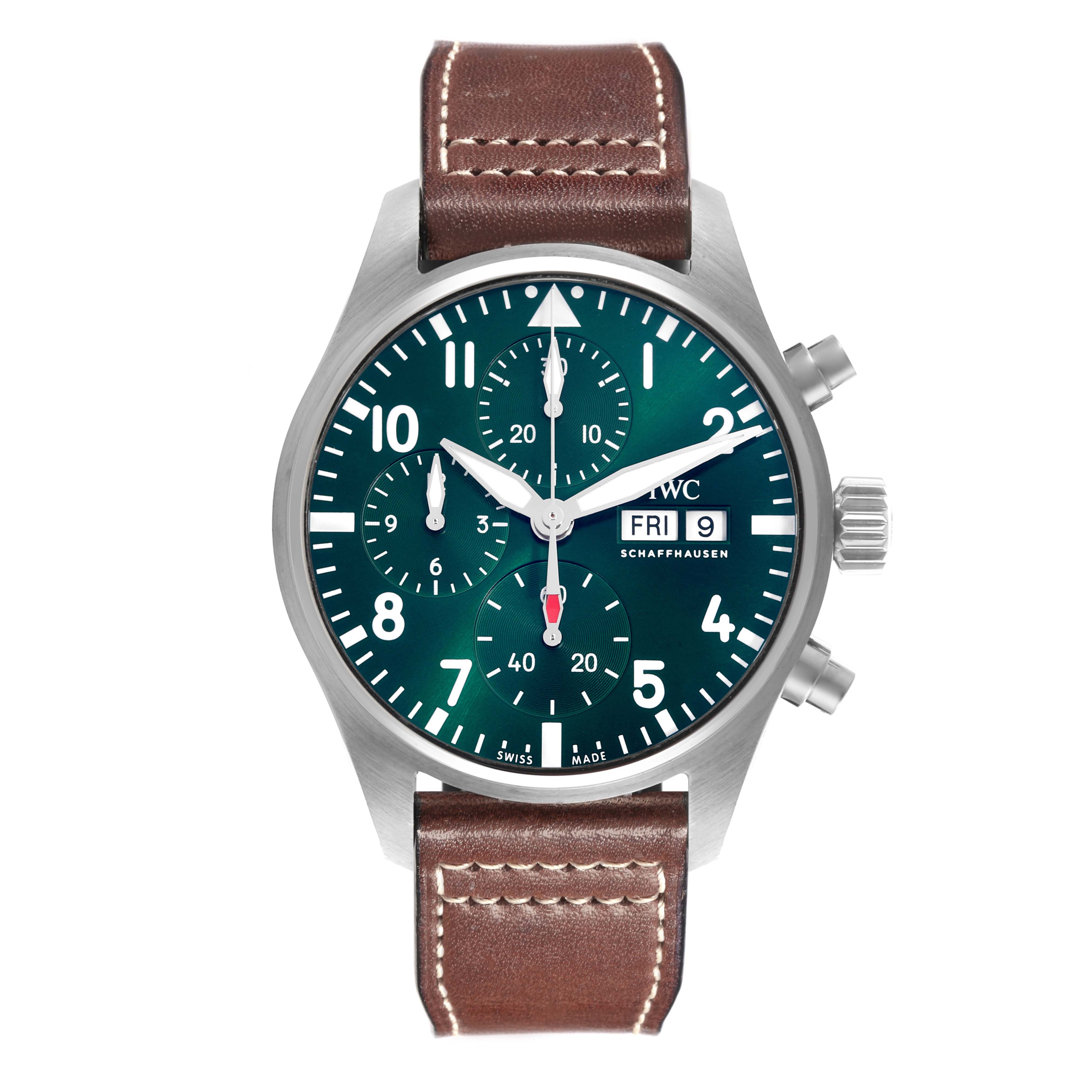 The IWC Pilot IW388103 Men's Stainless Steel Green Dial IW388103 Men's Stainless Steel Green Dial watch is shown from the front, displaying the face, subdials, and brown leather strap.