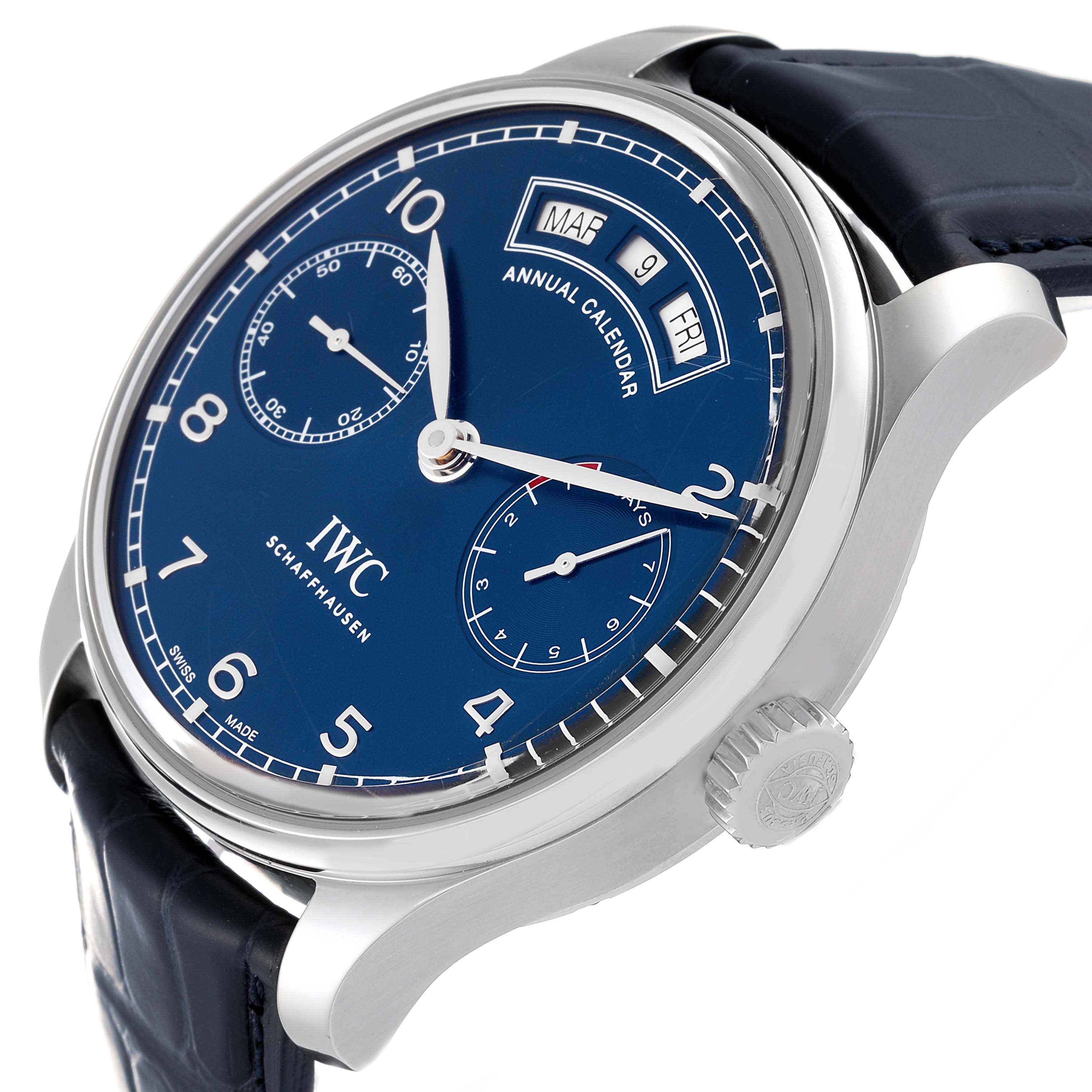 The image shows an IWC Portuguese IW503502 Men's Stainless Steel Blue Dial IW503502 Men's Stainless Steel Blue Dial model watch at a three-quarter angle, highlighting the dial, crown, and strap.