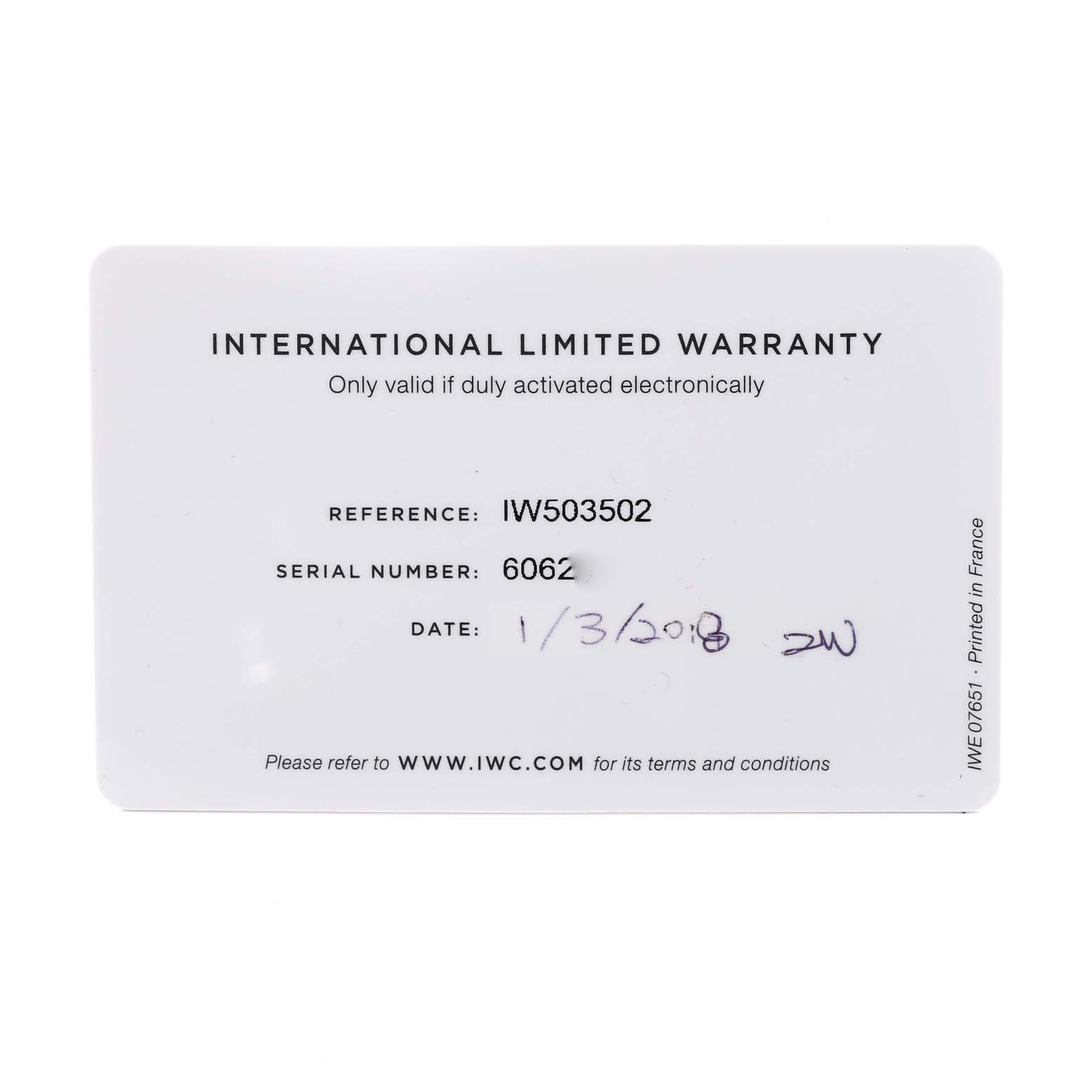 This image shows the International Limited Warranty card for the IWC Portuguese IW503502 Men's Stainless Steel Blue Dial IW503502 Men's Stainless Steel Blue Dial model watch.