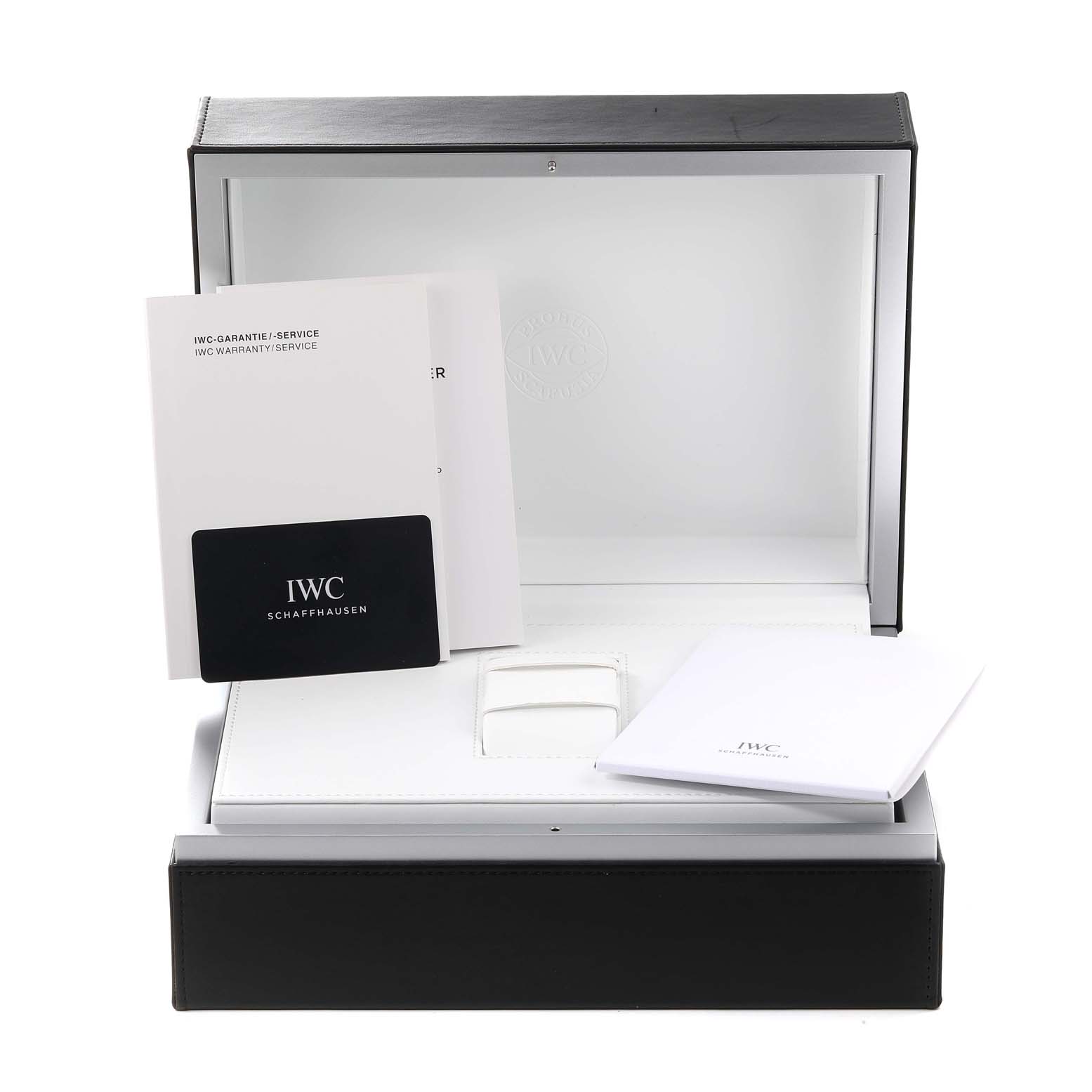 The image shows the packaging and documentation for an IWC Portuguese IW503502 Men's Stainless Steel Blue Dial IW503502 Men's Stainless Steel Blue Dial model watch, including the box and manuals.