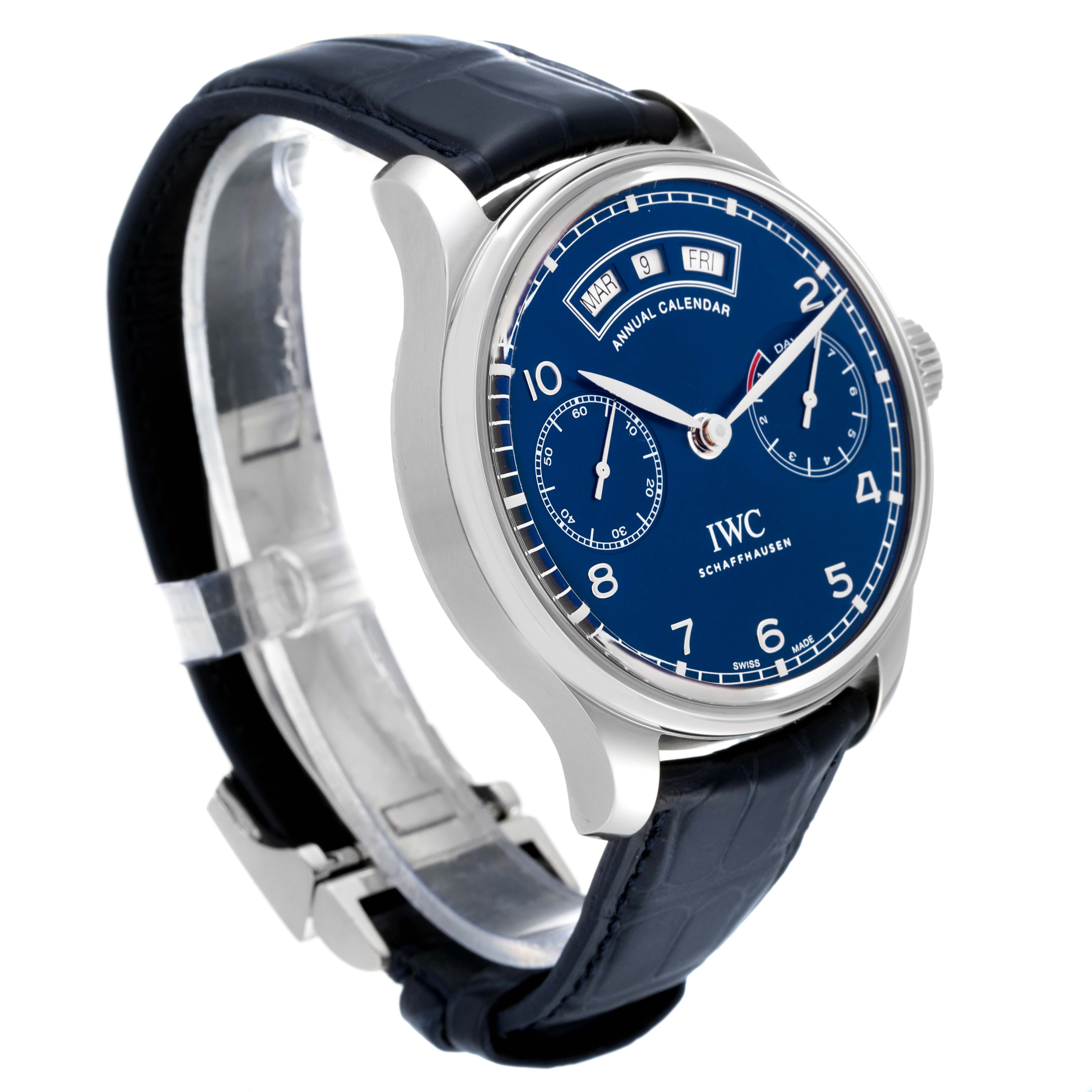 This IWC Portuguese IW503502 Men's Stainless Steel Blue Dial IW503502 Men's Stainless Steel Blue Dial model watch is shown at a front-left angle, highlighting its blue dial, leather strap, and annual calendar display.