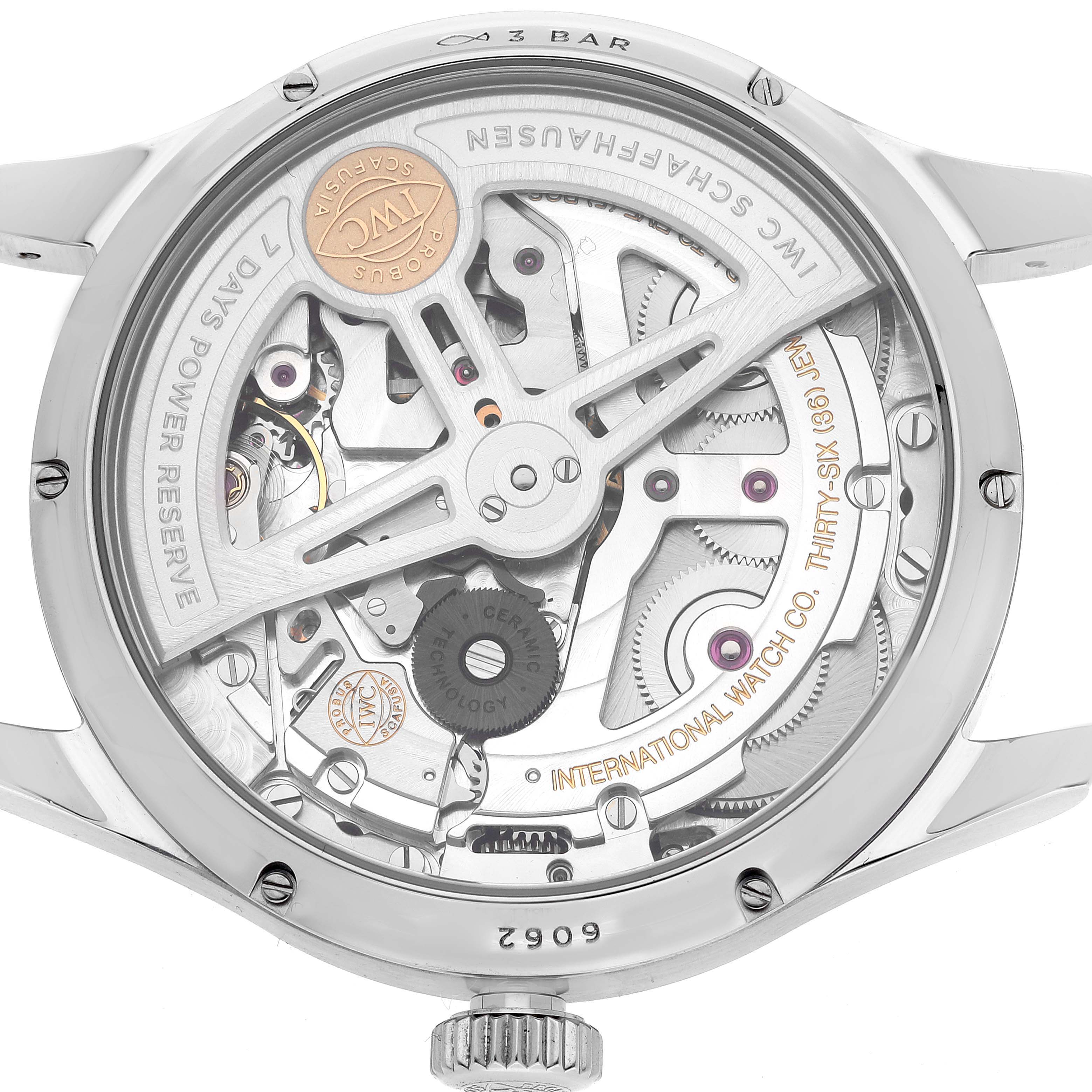 This image shows the caseback of the IWC Portuguese IW503502 Men's Stainless Steel Blue Dial IW503502 Men's Stainless Steel Blue Dial model, revealing its intricate movement and inner mechanical components.