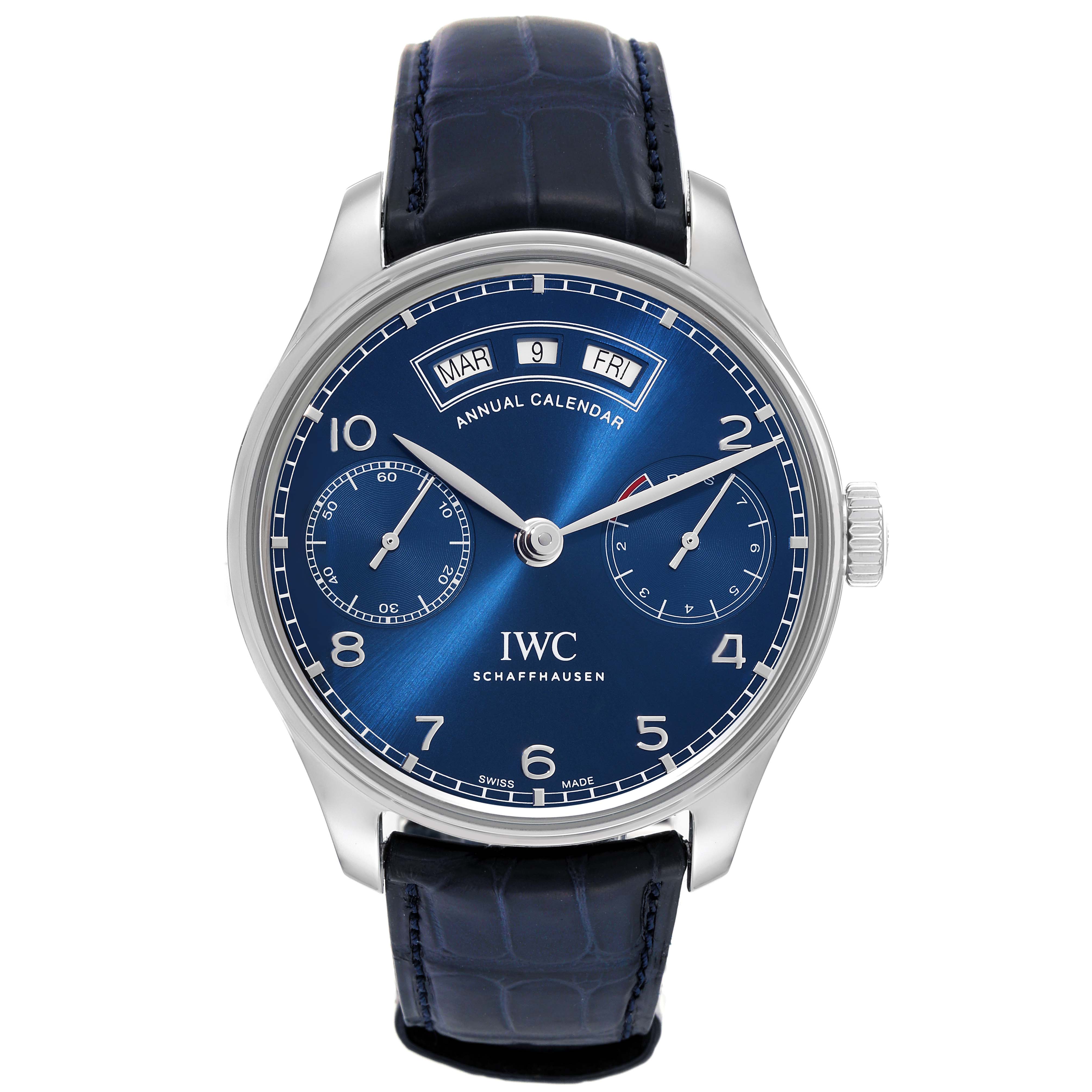 This IWC Portuguese IW503502 Men's Stainless Steel Blue Dial IW503502 Men's Stainless Steel Blue Dial model watch is shown from the front, displaying its blue dial, annual calendar, and sub-dials.