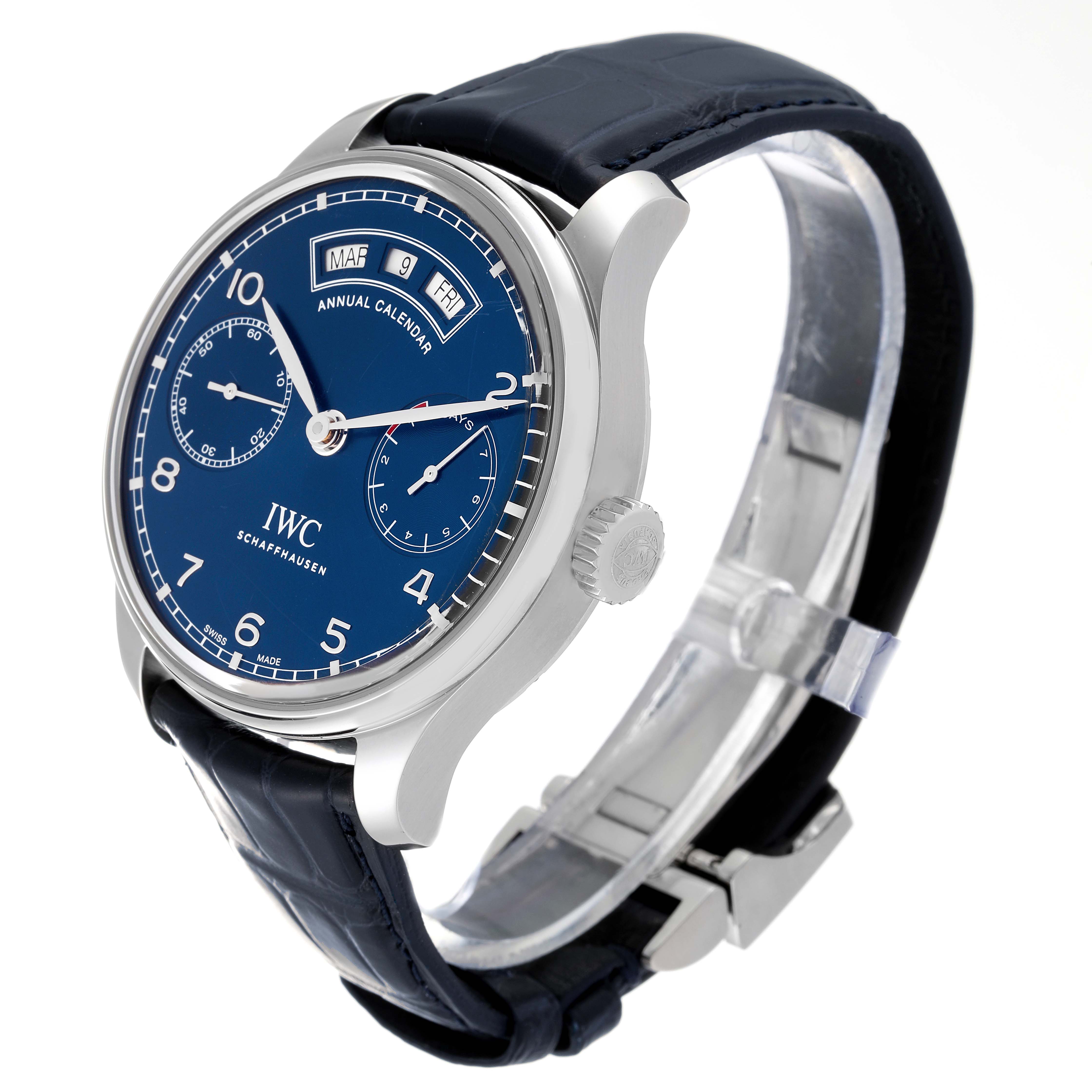 The IWC Portuguese IW503502 Men's Stainless Steel Blue Dial IW503502 Men's Stainless Steel Blue Dial model watch is shown at a three-quarter angle, displaying its blue dial, crown, and part of the leather strap.