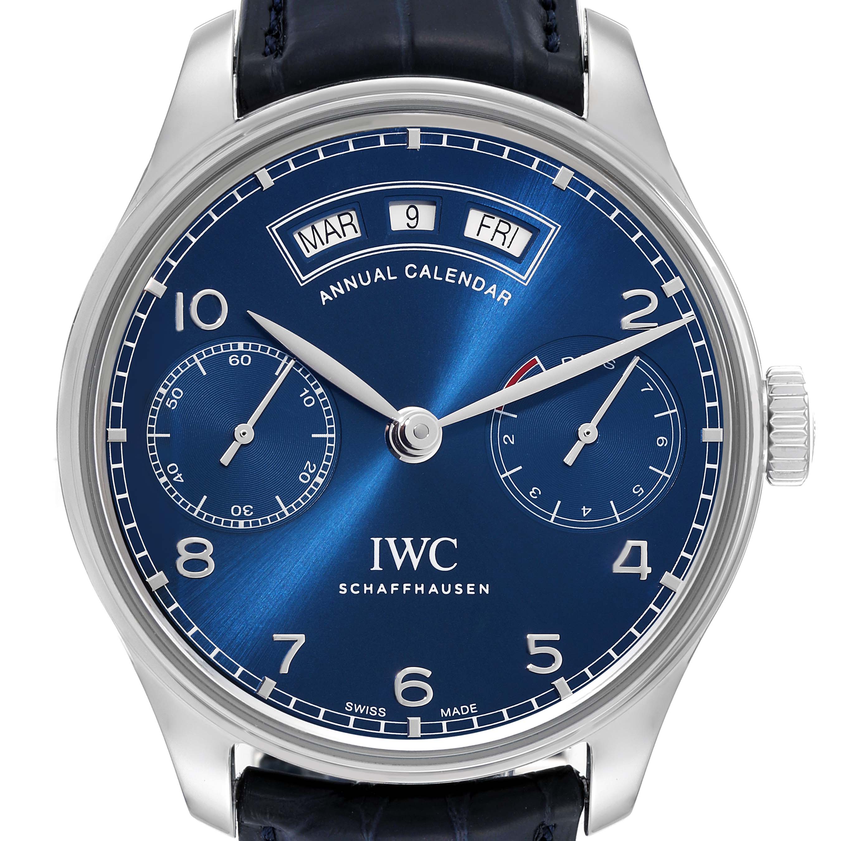 The image shows a front view of the IWC Portuguese IW503502 Men's Stainless Steel Blue Dial IW503502 Men's Stainless Steel Blue Dial model watch, highlighting its blue dial, annual calendar, and subdials.
