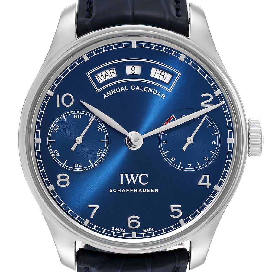 IWC Portugieser Annual Calendar Blue Dial Steel Mens Watch IW503502 Box Card SwissWatchExpo