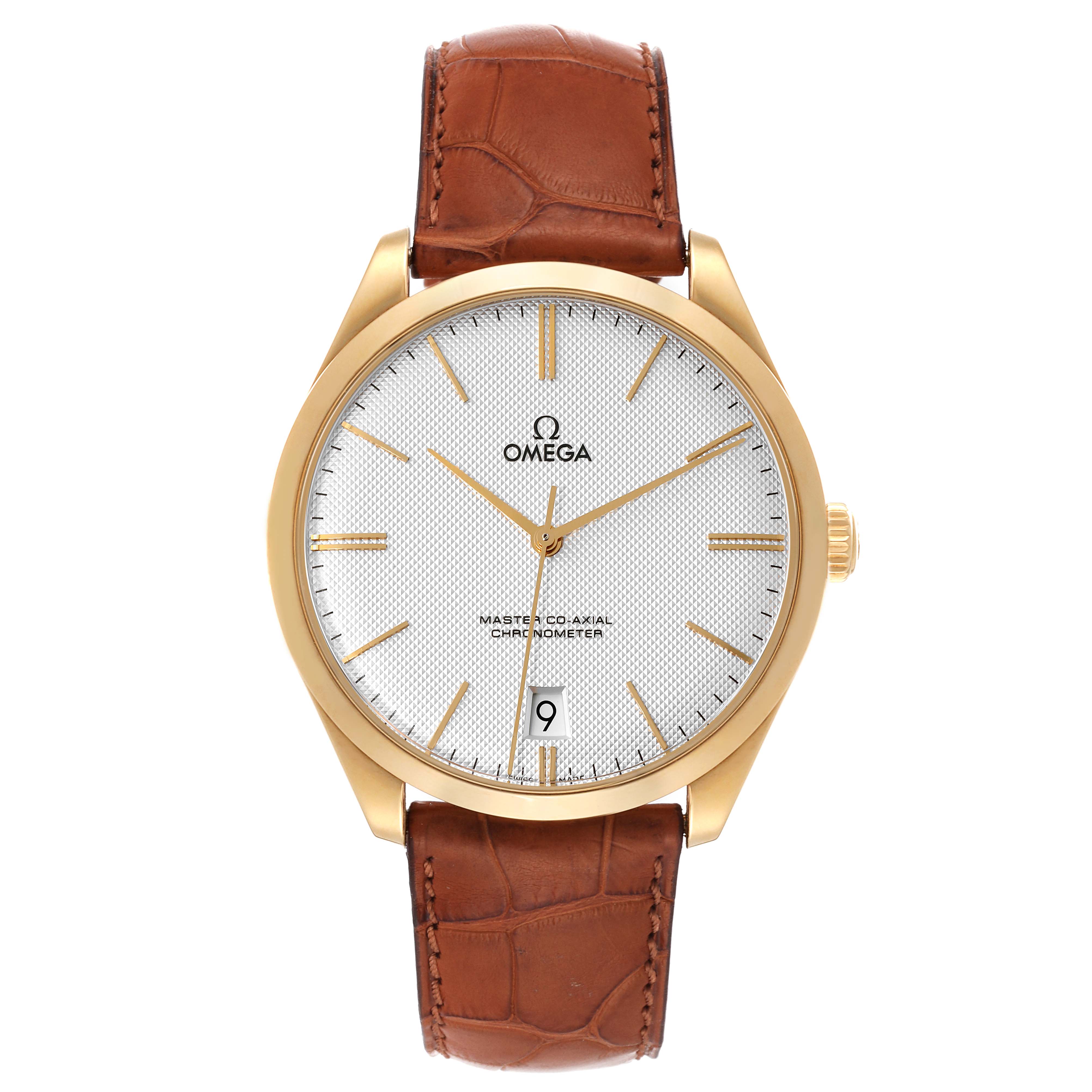 The Omega De Ville 432.53.40.21.02.001 Men's Yellow Gold Silver Dial 432.53.40.21.02.001 Men's Yellow Gold Silver Dial watch is shown from a front angle, displaying the gold case, dial, hands, and brown leather strap.