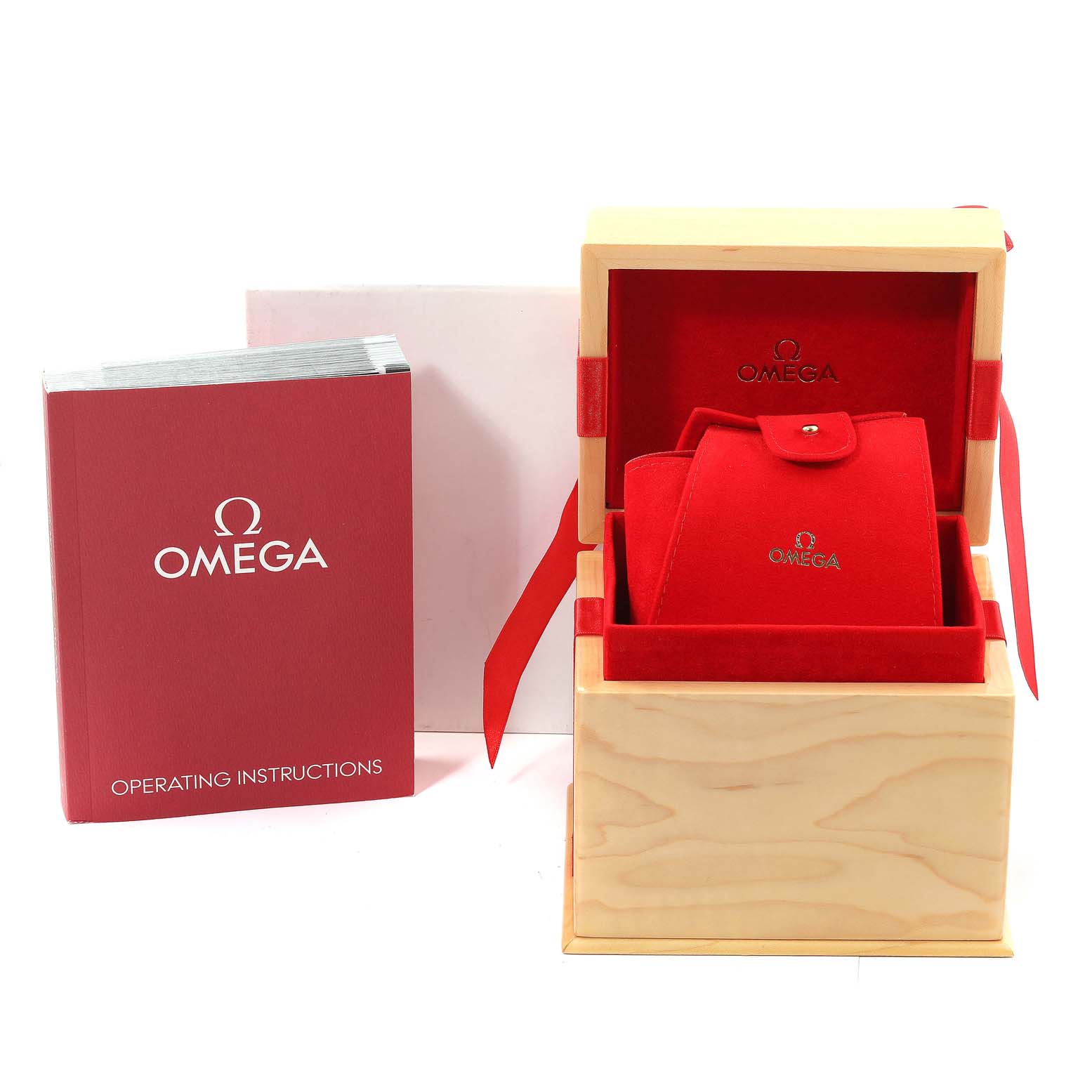 The image shows an Omega De Ville 432.53.40.21.02.001 Men's Yellow Gold Silver Dial 432.53.40.21.02.001 Men's Yellow Gold Silver Dial watch box set, including a wooden box, a red pouch, and an operating instructions booklet.