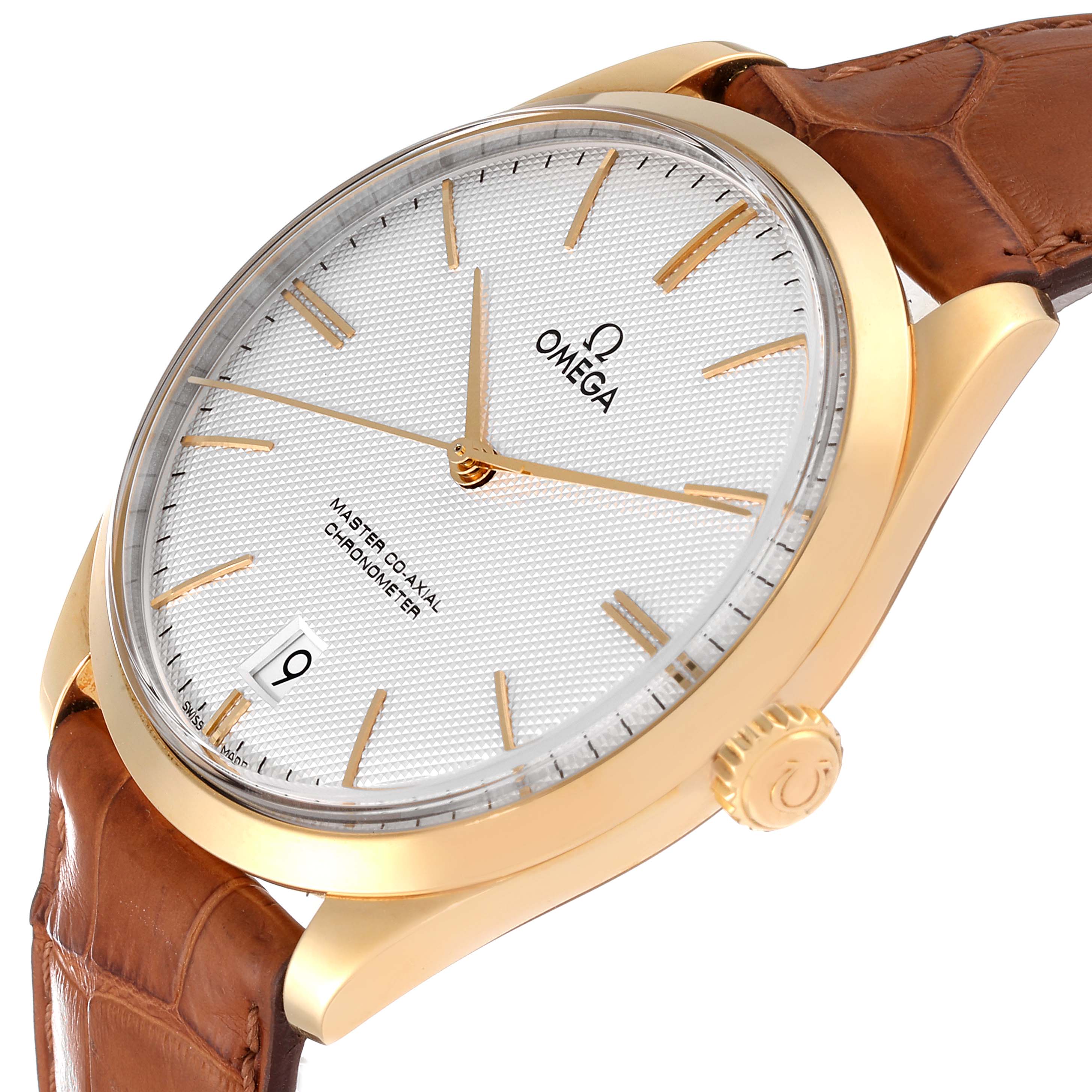 This image shows a side angle of the Omega De Ville 432.53.40.21.02.001 Men's Yellow Gold Silver Dial 432.53.40.21.02.001 Men's Yellow Gold Silver Dial watch's dial, bezel, crown, and leather strap.