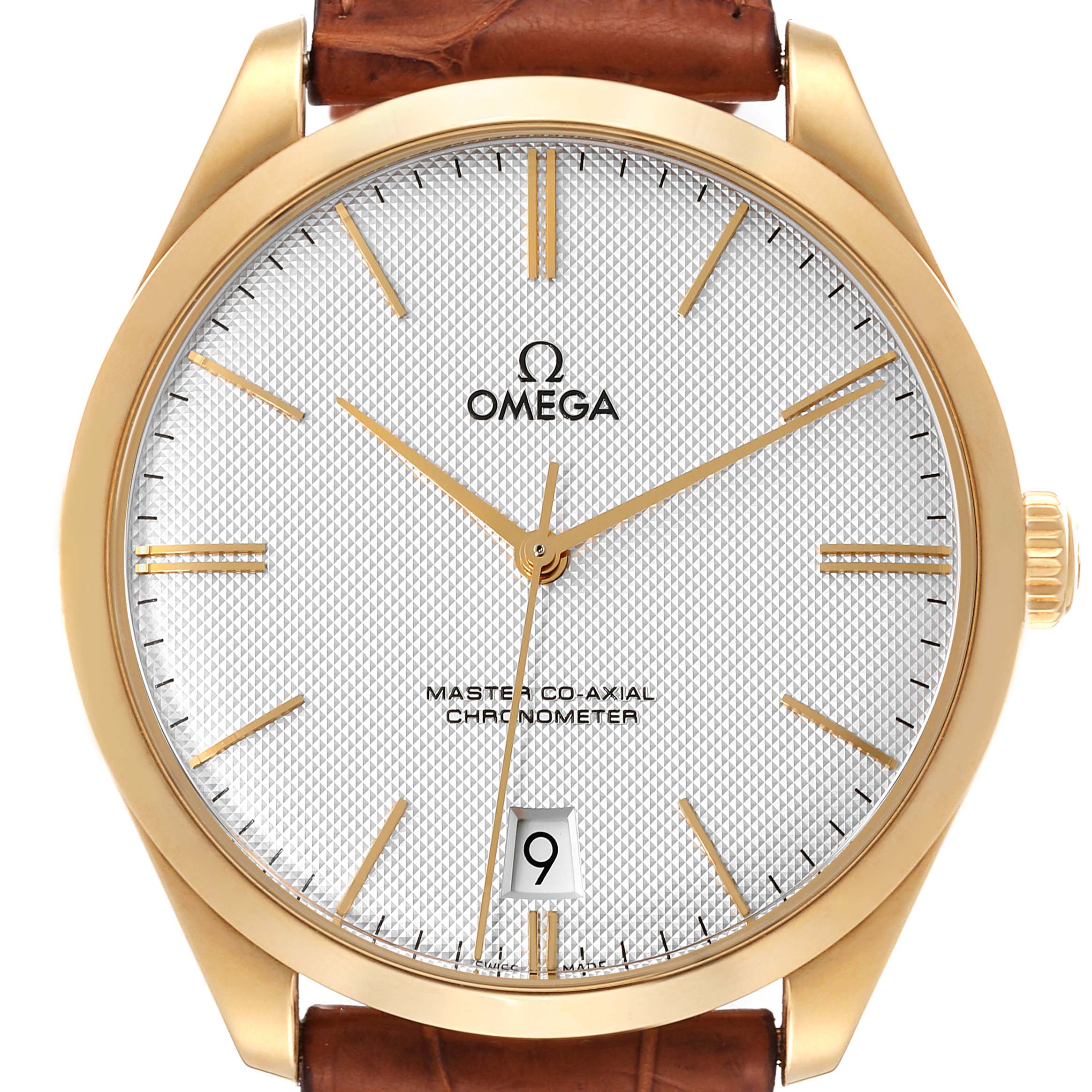 This image shows a front view of an Omega De Ville 432.53.40.21.02.001 Men's Yellow Gold Silver Dial 432.53.40.21.02.001 Men's Yellow Gold Silver Dial watch, highlighting its dial, hands, date window, and bezel.