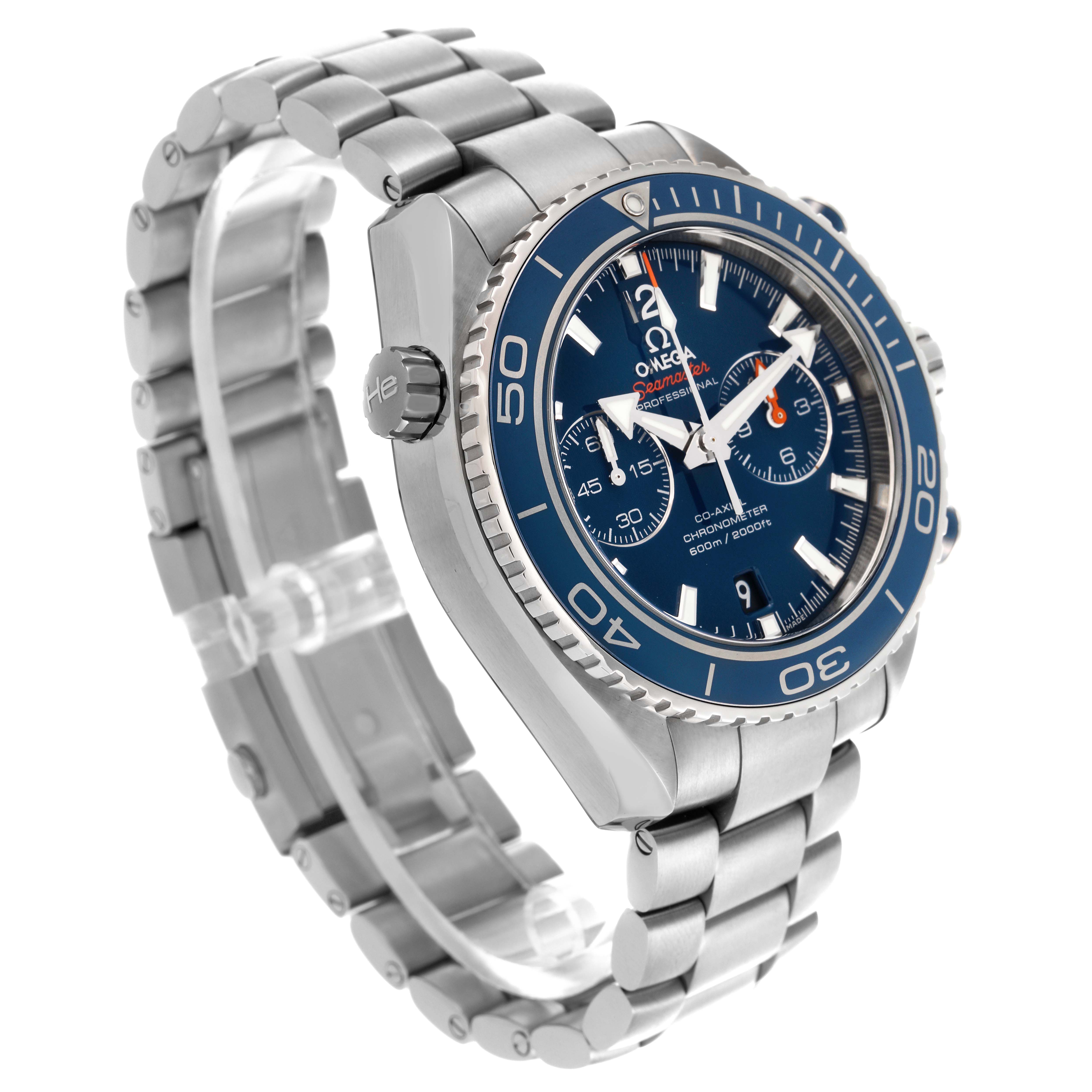 The Omega Planet Ocean 232.90.46.51.03.001 Men's Stainless Steel Blue Dial 232.90.46.51.03.001 Men's Stainless Steel Blue Dial watch is shown at a three-quarter angle, displaying the face, bezel, crown, and bracelet.