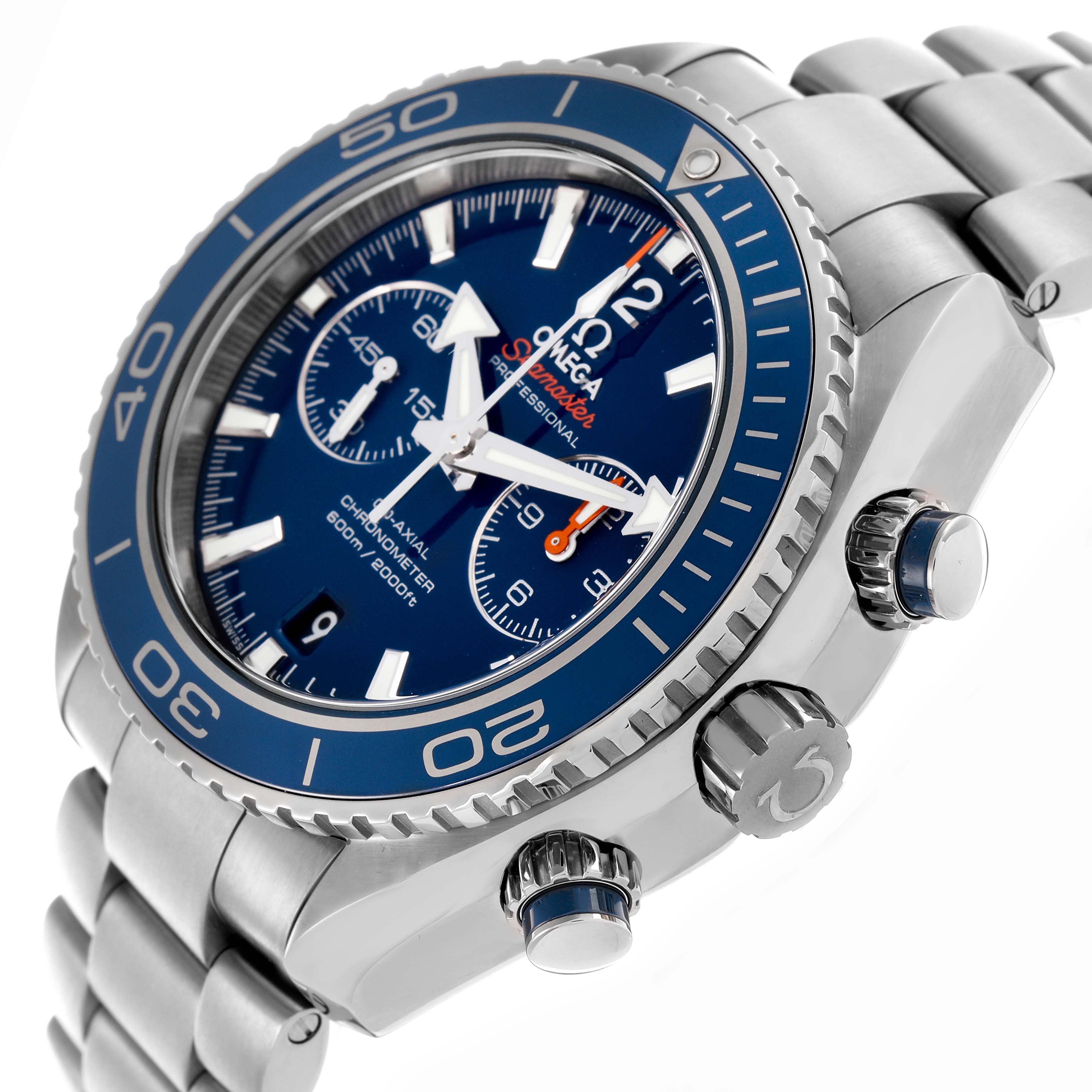 The Omega Planet Ocean 232.90.46.51.03.001 Men's Stainless Steel Blue Dial 232.90.46.51.03.001 Men's Stainless Steel Blue Dial watch is shown at an angled view, highlighting the bezel, dial, crown, pushers, and bracelet.